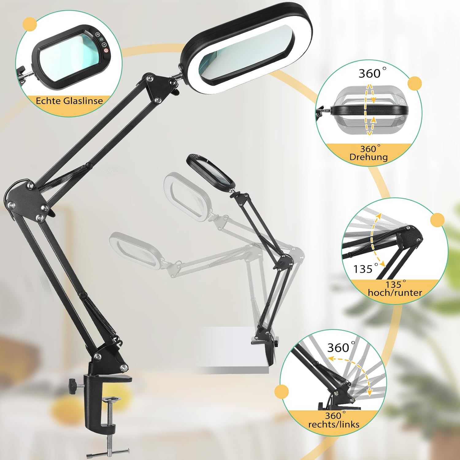 Drdefi 10-fache Lupe mit Licht und Klemme, Echtglas-Ständer-Beleuchtungslupe, 5 Farbmodi und stufenlose Dimmbarkeit, LED-Schreibtischlampe, freihändig für Basteln, Hobbys, Lesen, Malen, Nähen und Naharbeiten – Bild 6