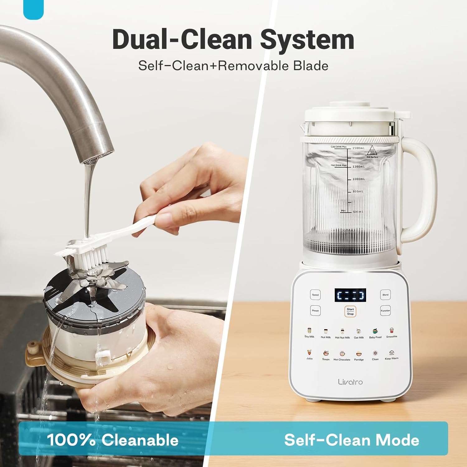 Livatro Nussmilchbereiter, 12-in-1,1,5 l, automatischer Sojamilchbereiter, abnehmbares Design, Mandel-/Hafermilch & Saft, 24-Stunden-Timer, Warmhalten, Selbstreinigung, Sicherheitsverriegelung (Beige1) – Bild 5