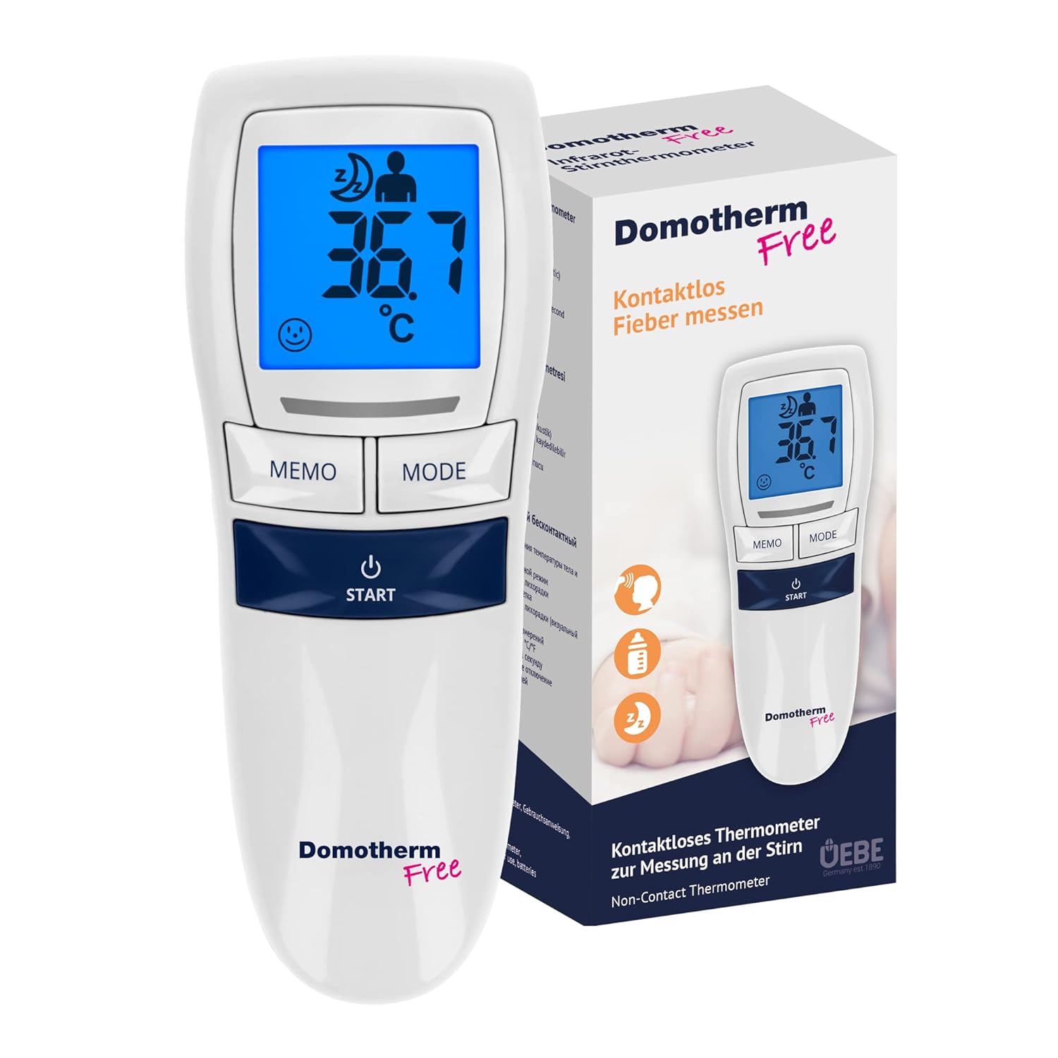 Domotherm Free Fieberthermometer, kontaktloses Infrarot-Thermometer, Baby, Kinder, Erwachsene, Stirnthermometer, Messung in 1 Sekunde