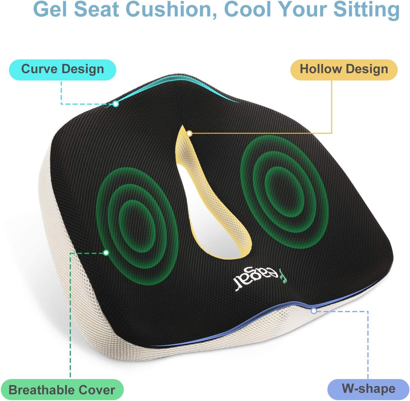 Feagar Gel-Sitzkissen, orthopädisches Memory-Schaum-Sitzkissen, ergonomisches Sitzkissen mit Gel für Bürostuhl, Auto, Rollstuhl, Steißbeinkissen, Stuhlkissen, Sitzkissen, Zuhause im Freien – Bild 4