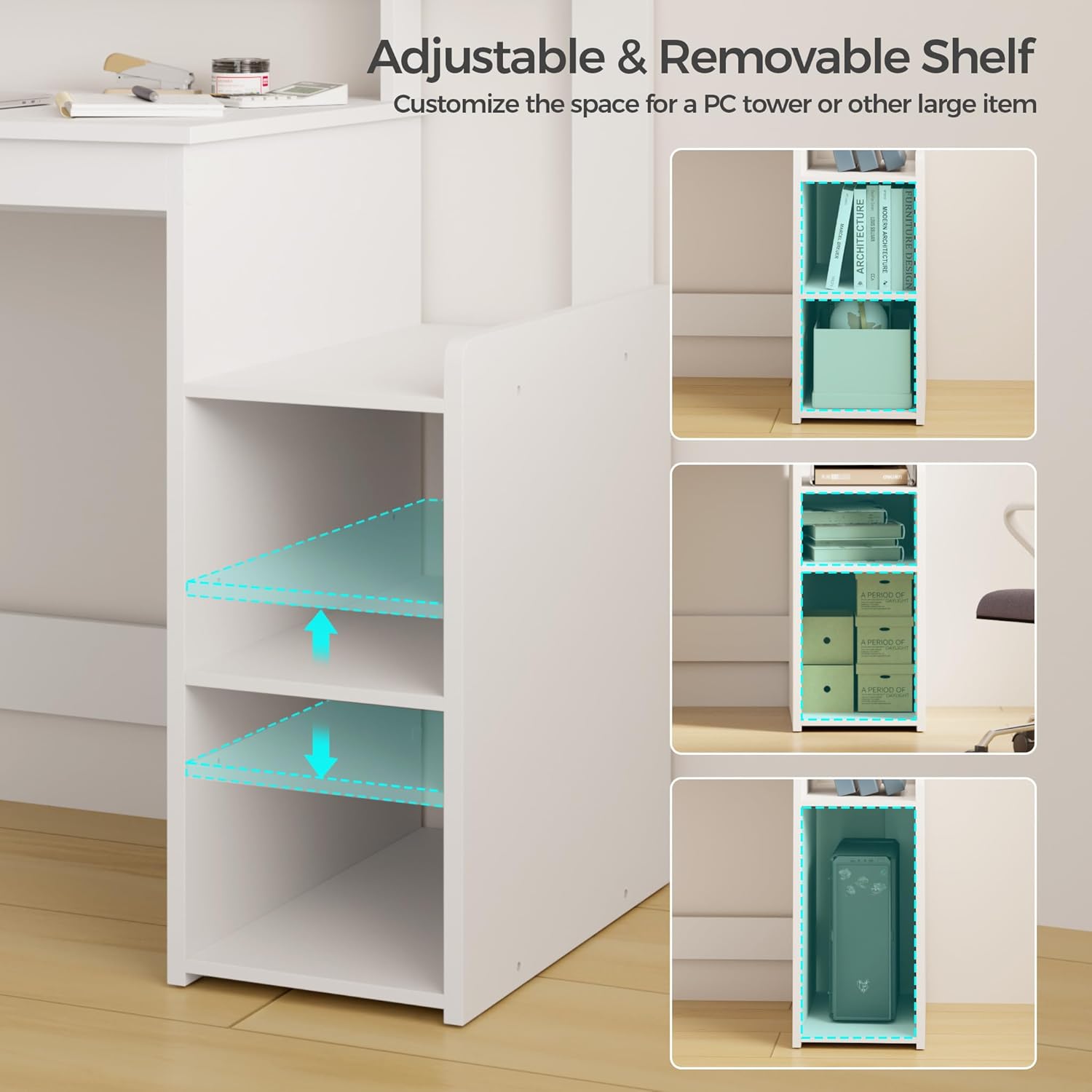 Mondeer Schreibtisch, Computertisch mit verstellbarer Ablage, kompakter Bürotisch mit Monitorständer, 110 x 48 x 93 cm, für Arbeitszimmer, Büro, Schlafzimmer, Weiß – Bild 6