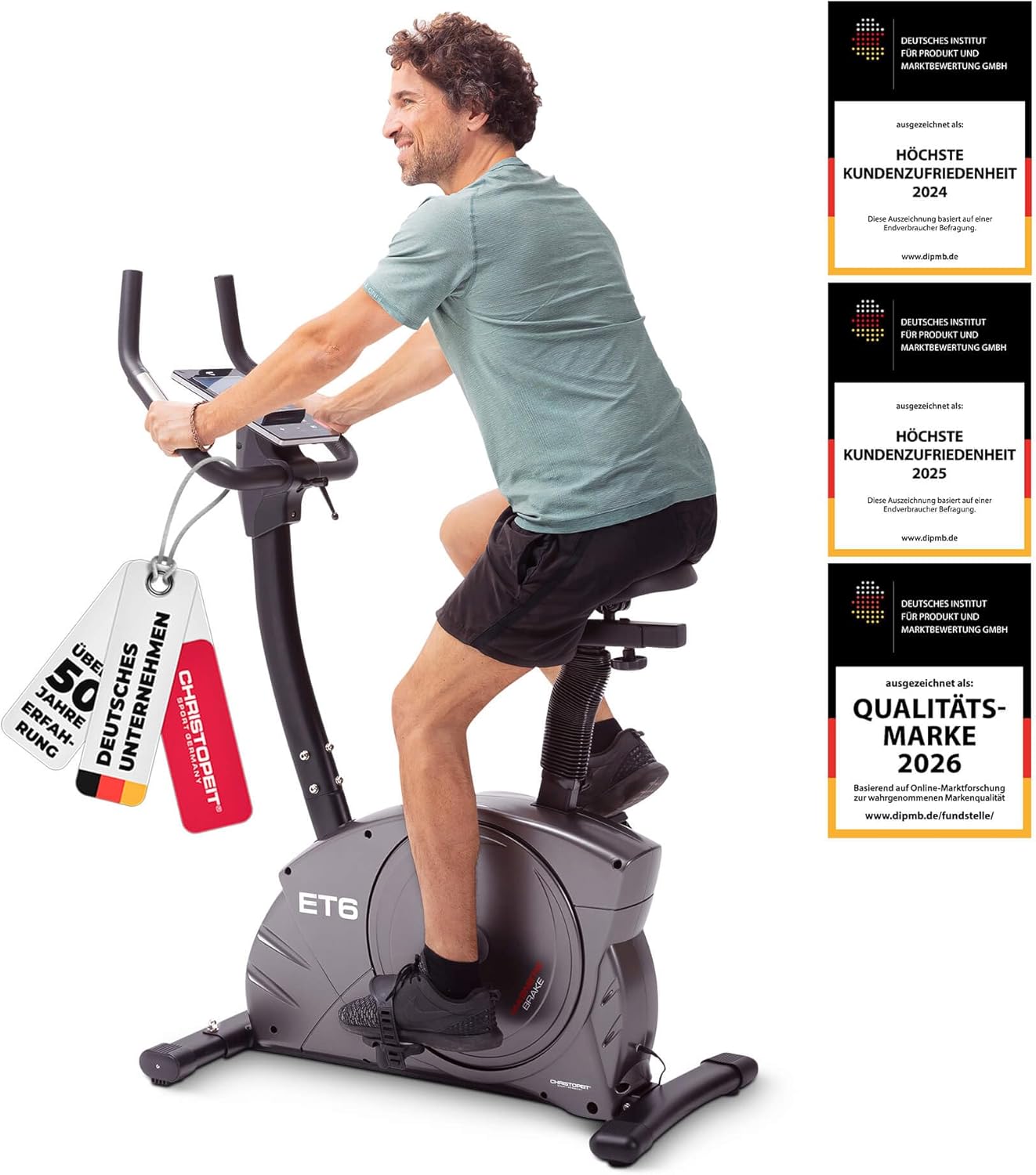Christopeit Ergometer Heimtrainer Indoor Fahrrad ET 6 mit 24 Widerstandsstufen, bis 150 kg und 200 cm, 12 kg Magnetbremssystem, Kinomap, Bluetooth, Pulsmessung