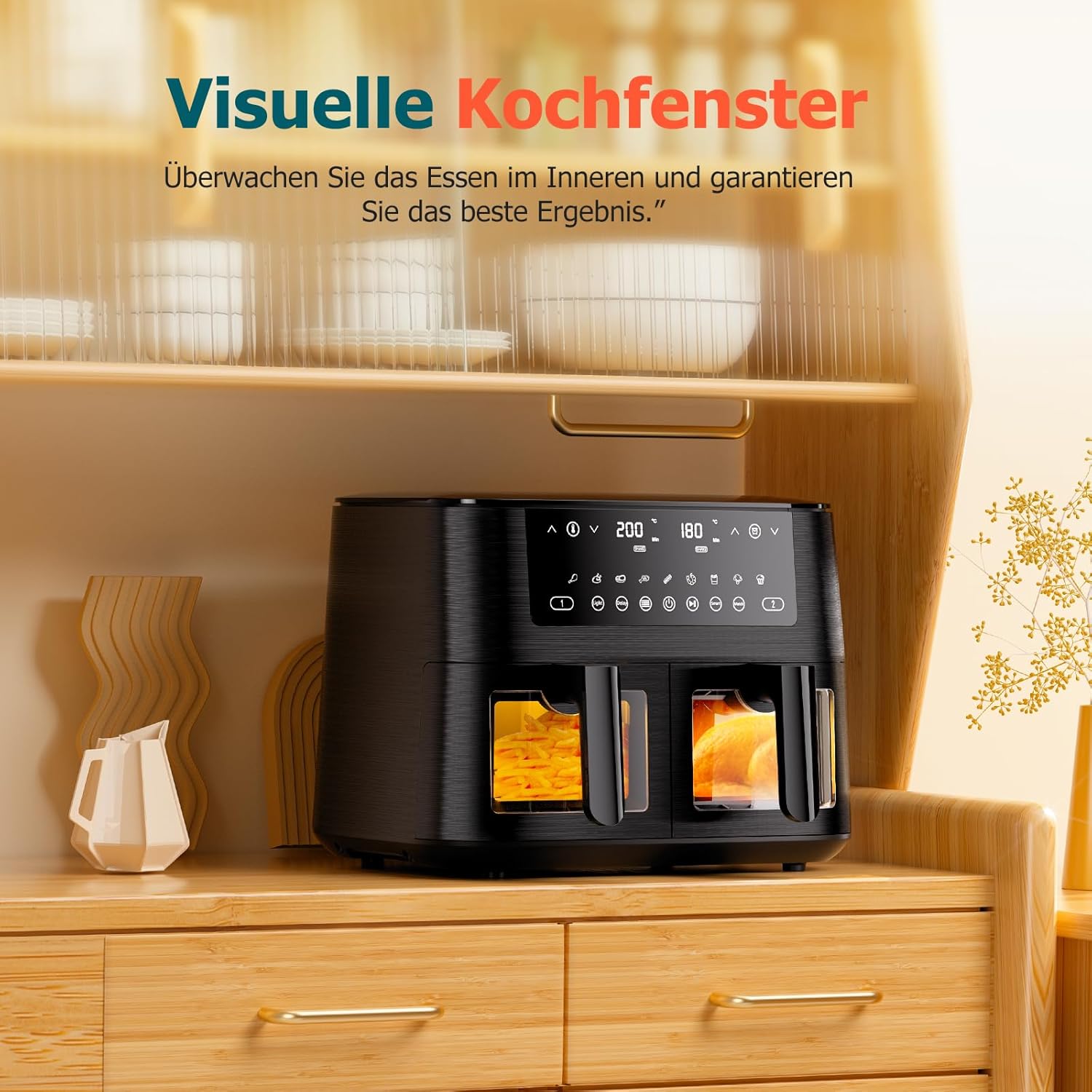 Heißluftfritteuse, 2 Kammern mit Sichtfenster, 9 l Airfryer, 2 Fächer, 9-in-1, Touchscreen, spülmaschinenfeste Körbe, antihaftbeschichtete Fritteusenkörbe, gesunde Fritteuse ohne Öl und fettarmes Kochen – Bild 7