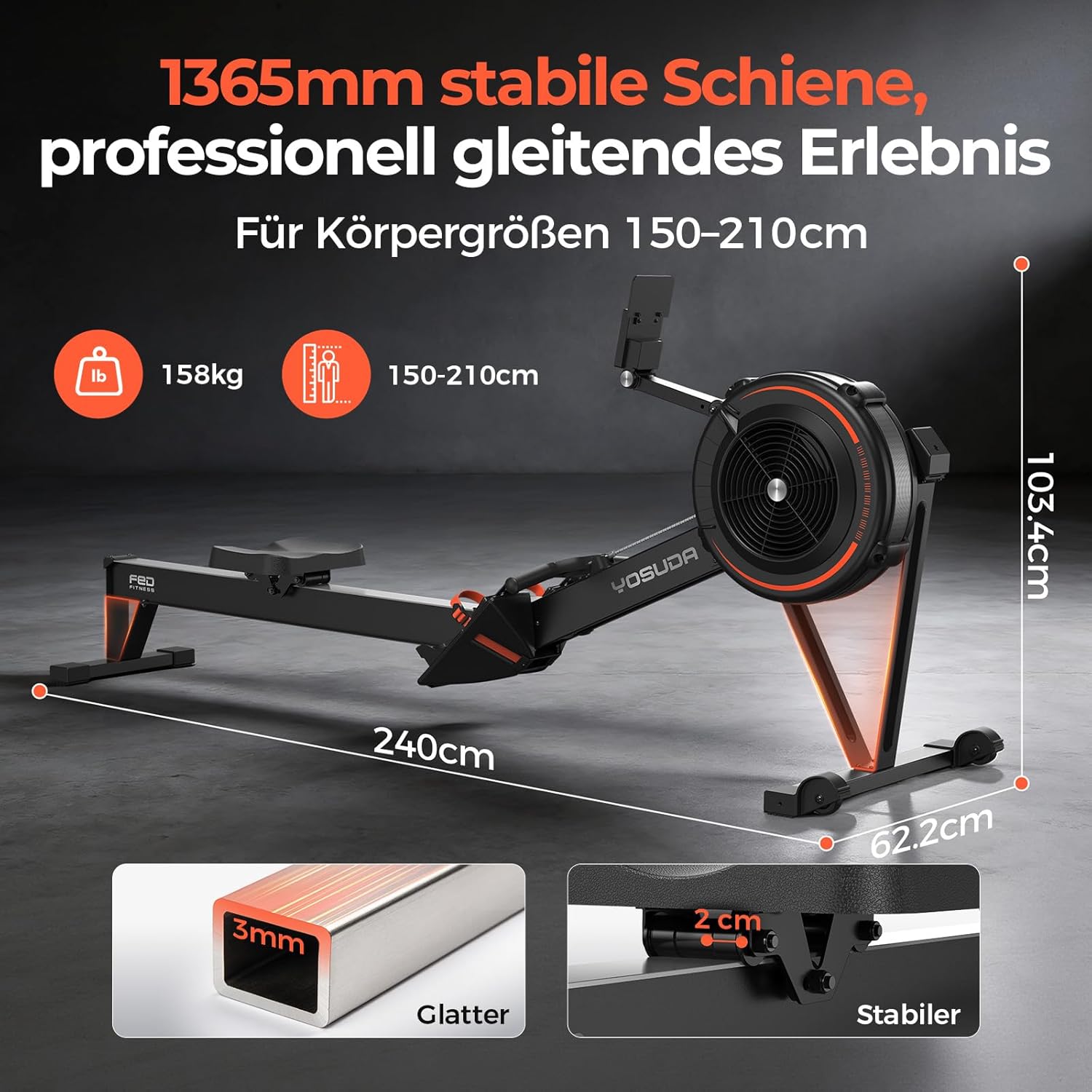 YOSUDA R2 Luft-Rudergerät für zu Hause, faltbar, selbstbetriebenes Display, 10 Widerstandsstufen, lange Schiene, 4-Wege-Display, Bluetooth und App, für große Benutzer, Luftwiderstand, Rudergerät – Bild 5