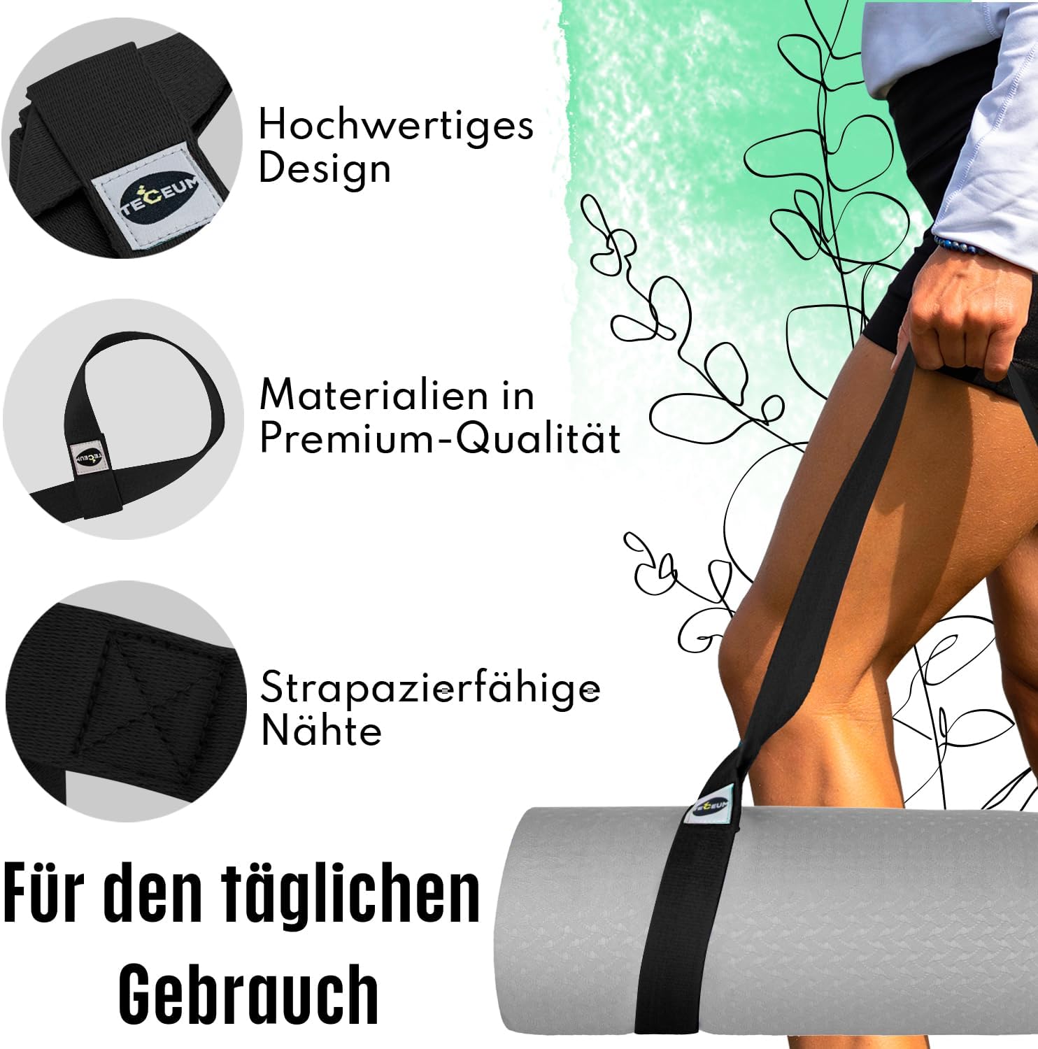 TECEUM Premium Yogamatte Tragegurt – Extra Weich & Dick aus Baumwolle – Hautfreundlich & Rutschfest – Verstellbarer Mattenhalter Yoga Mat Strap für alle Matten (Matte nicht enthalten) – Bild 6
