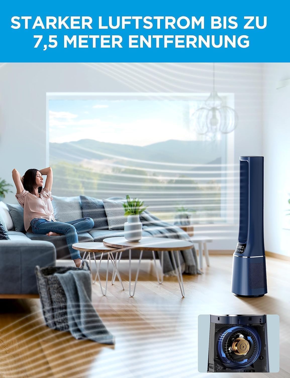 Midea MFP-120i (BL) 2-in-1-Turmventilator, leiser 27-dB-Luftreiniger, H13, echter HEPA auf 47,6 ㎡, LED-Display, Fernbedienung, Oszillation, 12-Stunden-Timer, kompatibel mit kabelloser Verbindung, App Alexa und Google – Bild 7