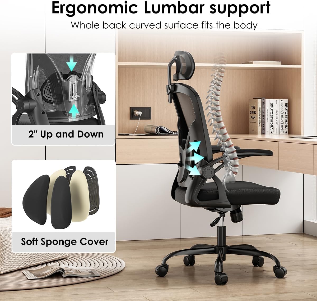 Farini Höhenverstellbarer ergonomischer Stuhl, Schreibtischstuhl, Bürostuhl, bequem mit Kopfstütze, Heimbürostuhl, Computerstühle, Chefsessel mit Armlehne, 150 kg, PC-Stuhl mit Rollen – Bild 5