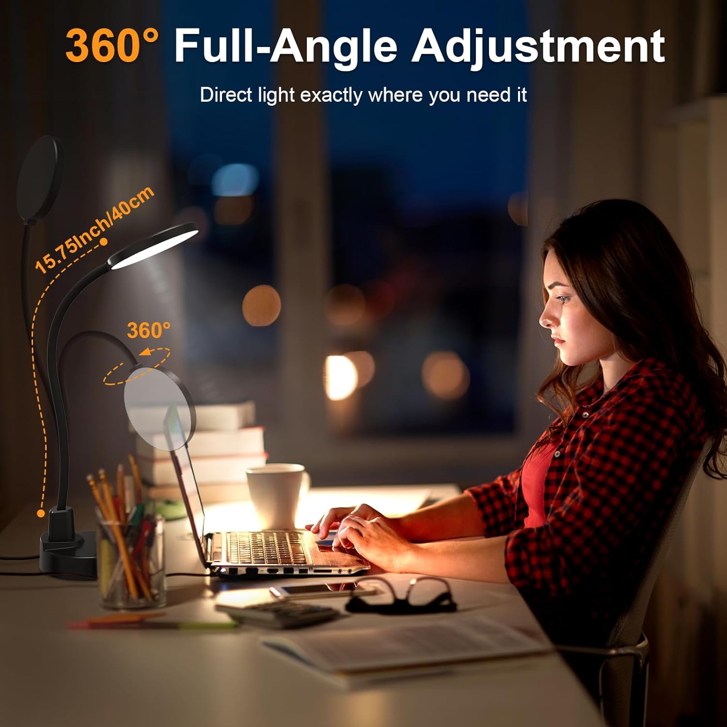 15 W LED-Schreibtischlampe mit USB-A & USB-C – Dimmbar, 3 Farbtemperaturen, 5 Helligkeitsstufen, 4 Timer, flexibler 360°-Schwanenhals, augenfreundlich, Tischlampe für Büro & Schlafzimmer – Schwarz – Bild 6
