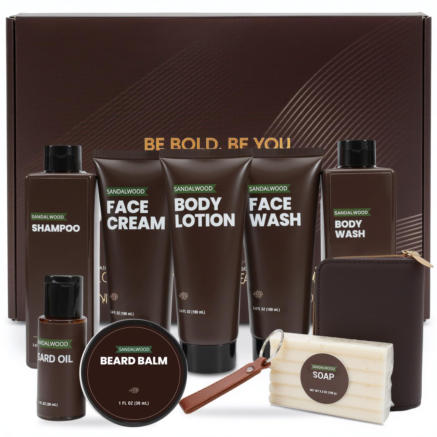 BODY & EARTH Geschenke für Männer – Sandalwood Männerpflege-Geschenkset, 10-teiliges Pflegeset mit Bartöl, Balsam, Shampoo & Accessoires, Geburtstagsgeschenk für Männer, Vatertagsgeschenk