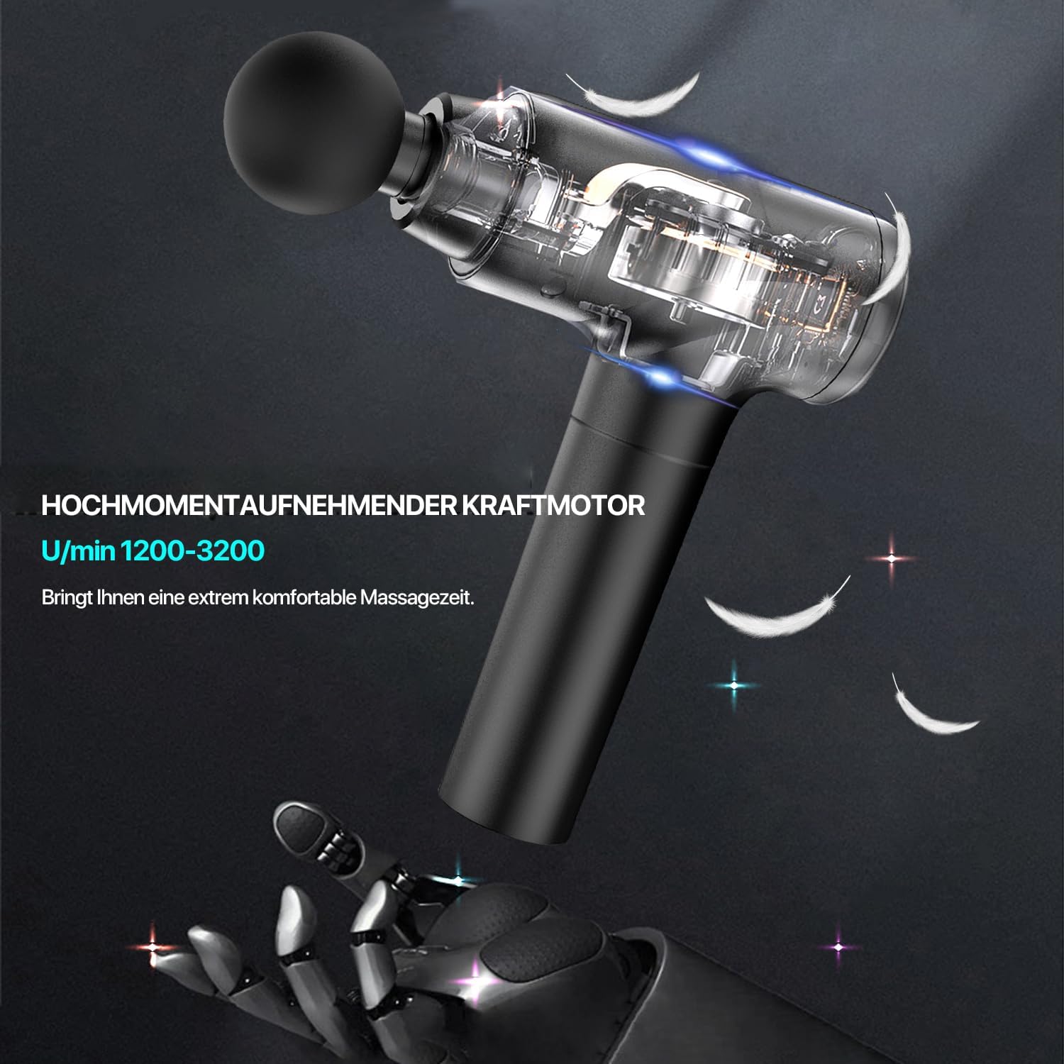 Massagepistole, Deep Tissue Percussion Rückenmassagegerät für Sportler, Muskelmassagepistole zur Schmerzlinderung, mit 8 Massageköpfen und 20 Geschwindigkeiten (Mattschwarz) – Bild 5
