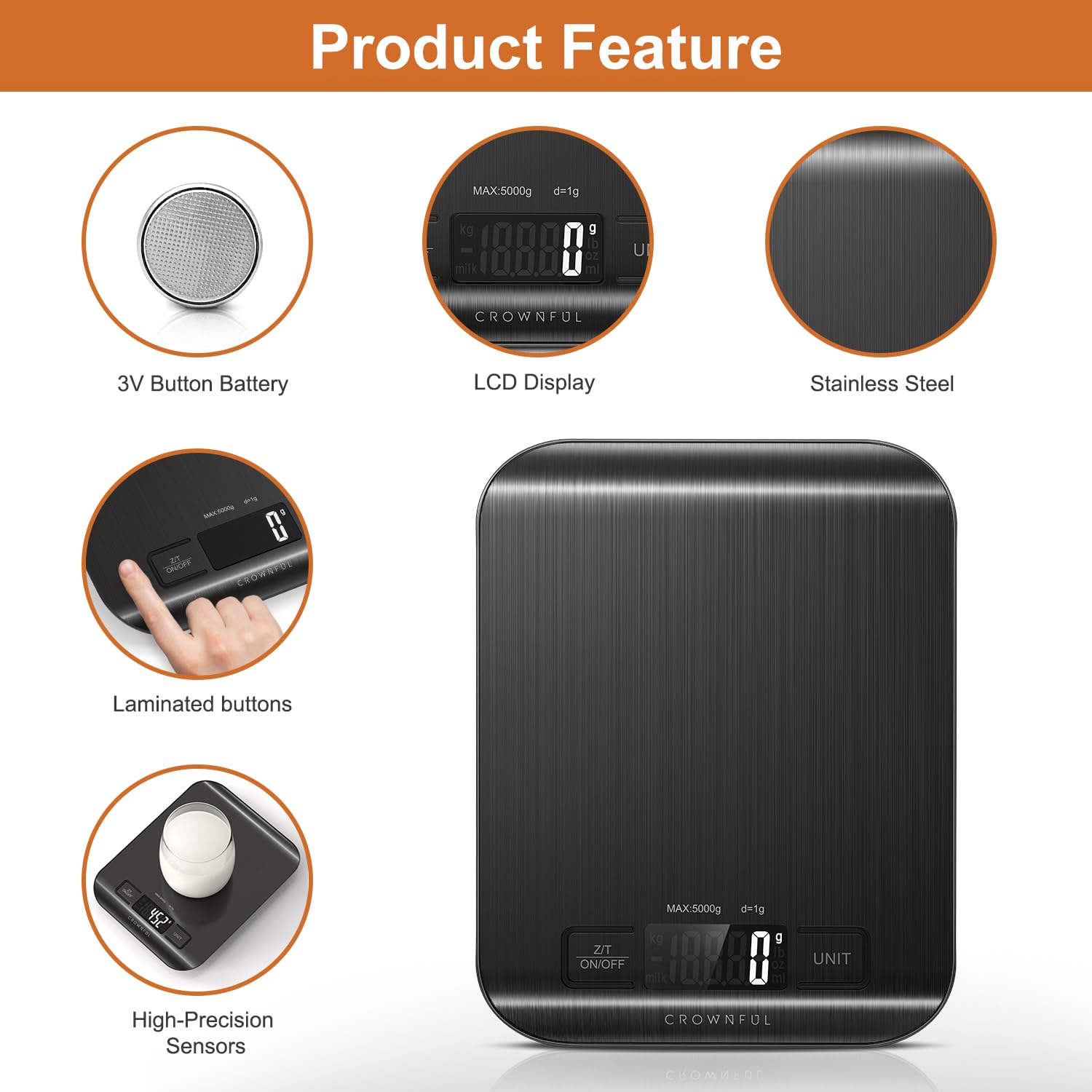 CROWNFUL Digitale Küchenwaage, 5 kg Digitale Küchenwaage mit LCD-Display, Gewicht Unzen und Gramm zum Kochen und Backen, 6 Einheiten mit Tara-Funktion, 304 Edelstahl (Schwarz) – Bild 4