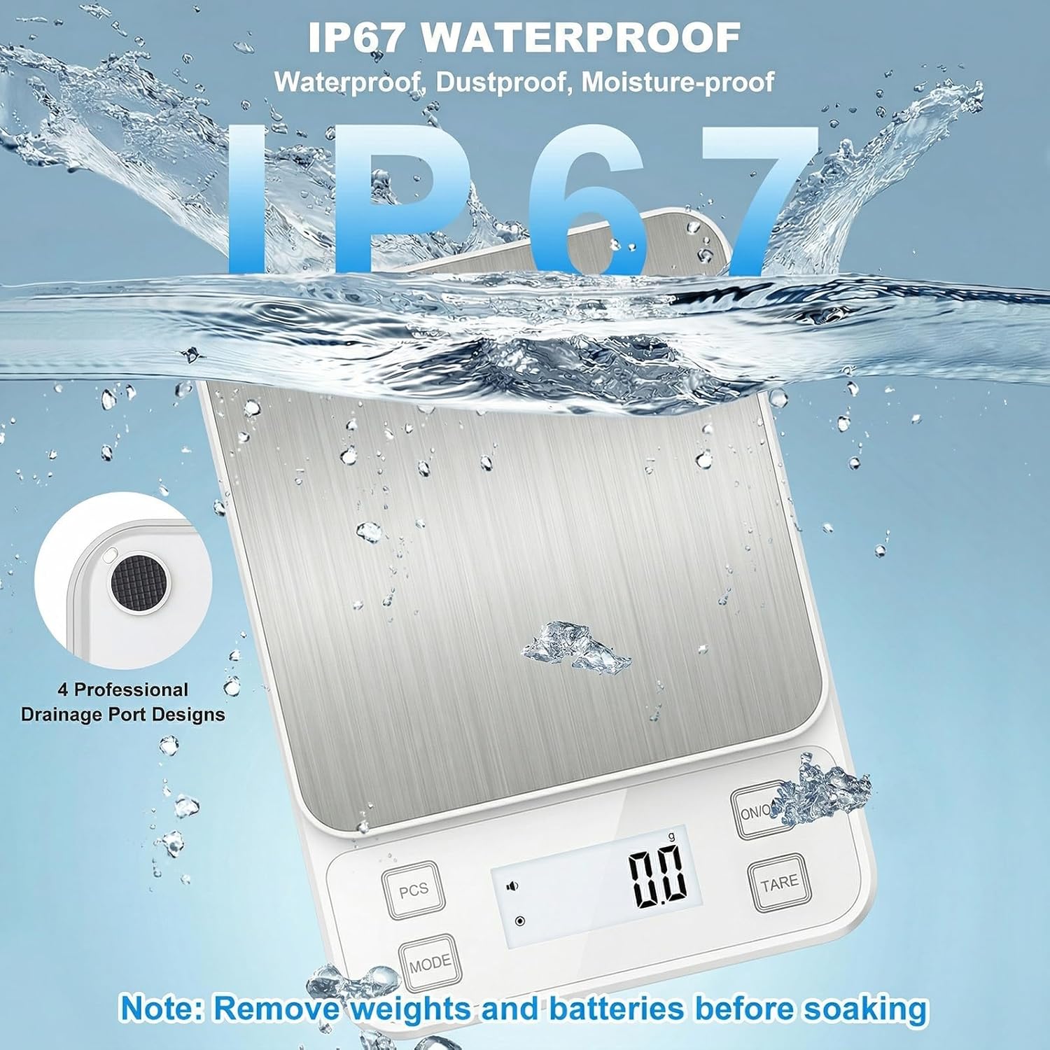 Diyife IP67 wasserdichte Küchenwaage, 0,1 g/10 kg, hochpräzise Küchenwaage, 10 Einheiten wiederaufladbar, Tara einstellbar, automatische Abschaltung, LCD-Display, Stummschaltung, Zählfunktion – Weiß – Bild 2