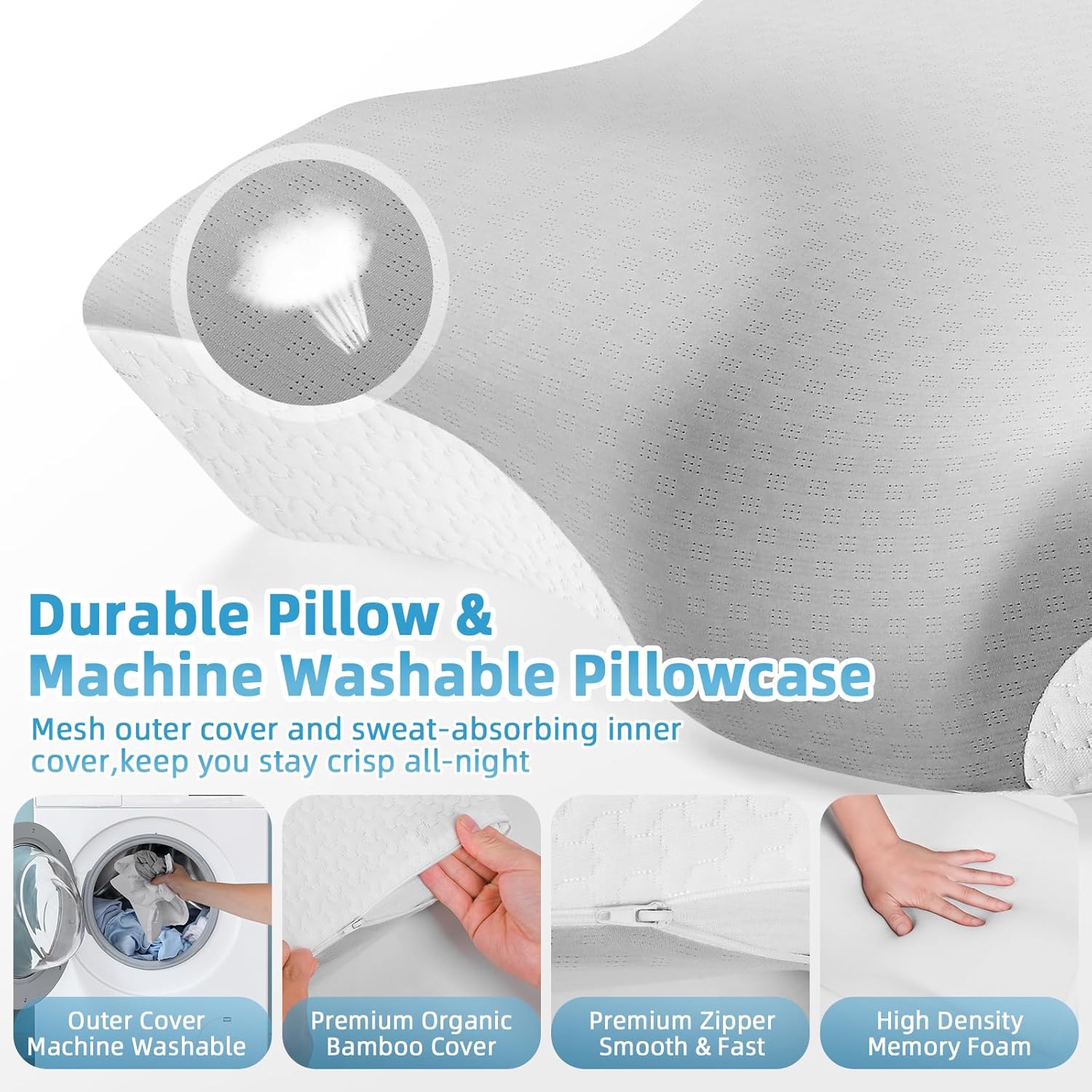 Memory-Schaum-Kissen, ergonomisches Nackenstützkissen für Seitenschläfer und Rückenschläfer, orthopädisches Design für optimale Wirbelsäulenausrichtung mit Bambusbezug (grau) – Bild 2