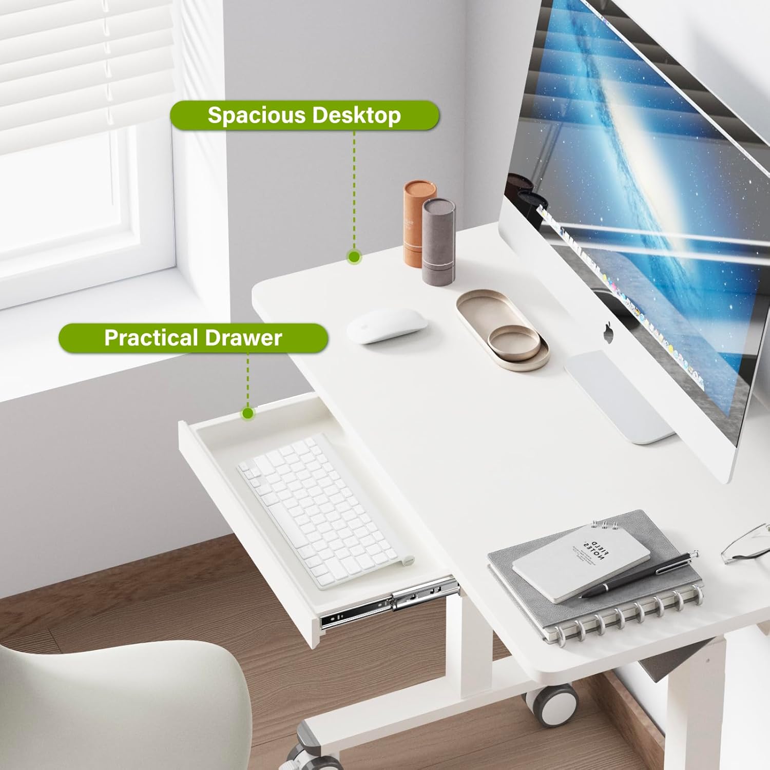 Computertisch, pneumatisch höhenverstellbar (88 x 50 cm), Laptoptisch mit Rollen und Schublade, Überbetttisch, Stehsitzschreibtisch für Büro, Wohnzimmer, Schlafzimmer, kleine Räume, Weiß – Bild 9