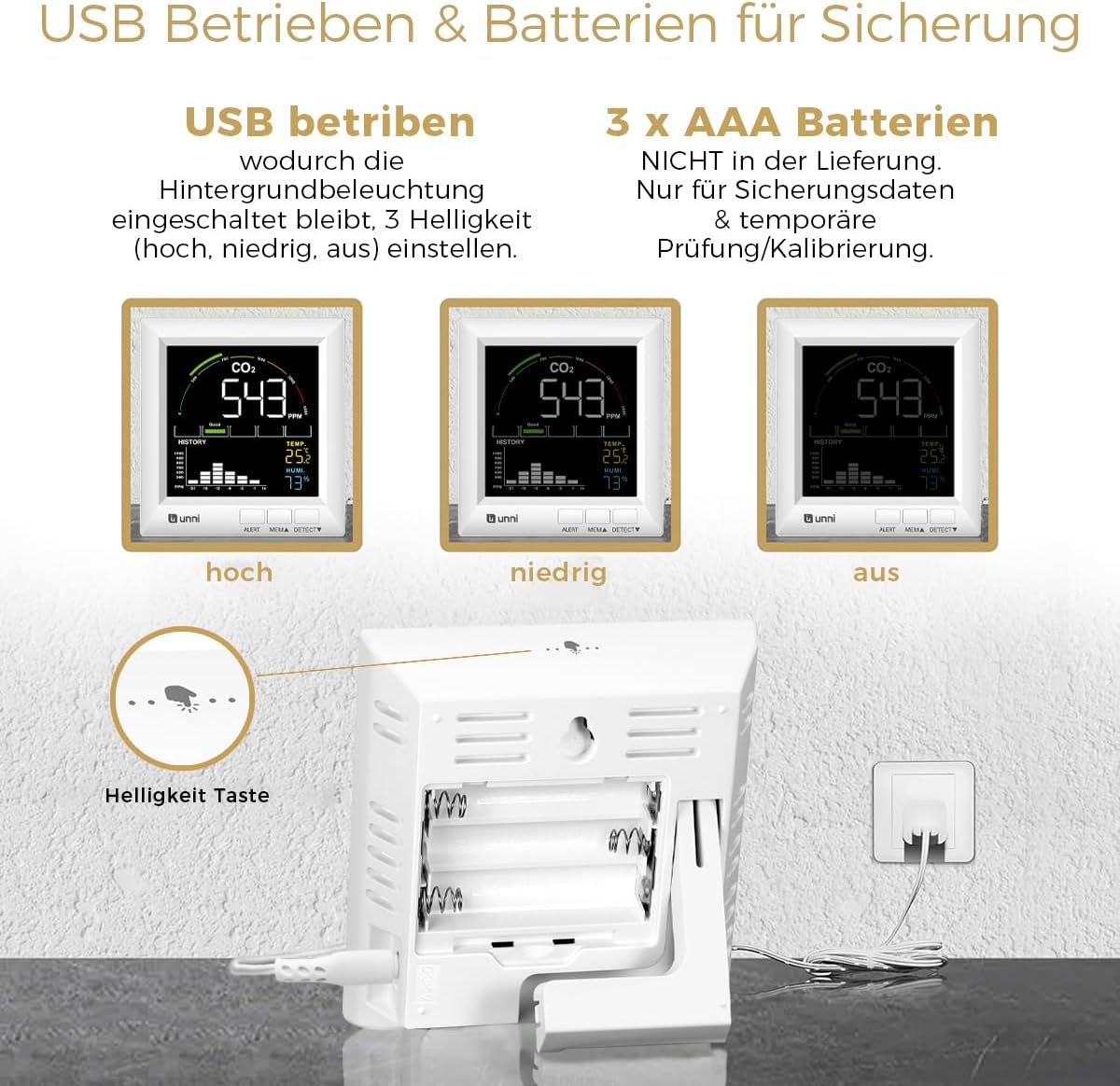 U UNNI CO2-Messgerät, 5 CO2-Detektor-Konzentrationsstufen und Belüftungsempfehlungen, USB- und batteriebetrieben, mit 3 Helligkeitsstufen und Alarm – Bild 2