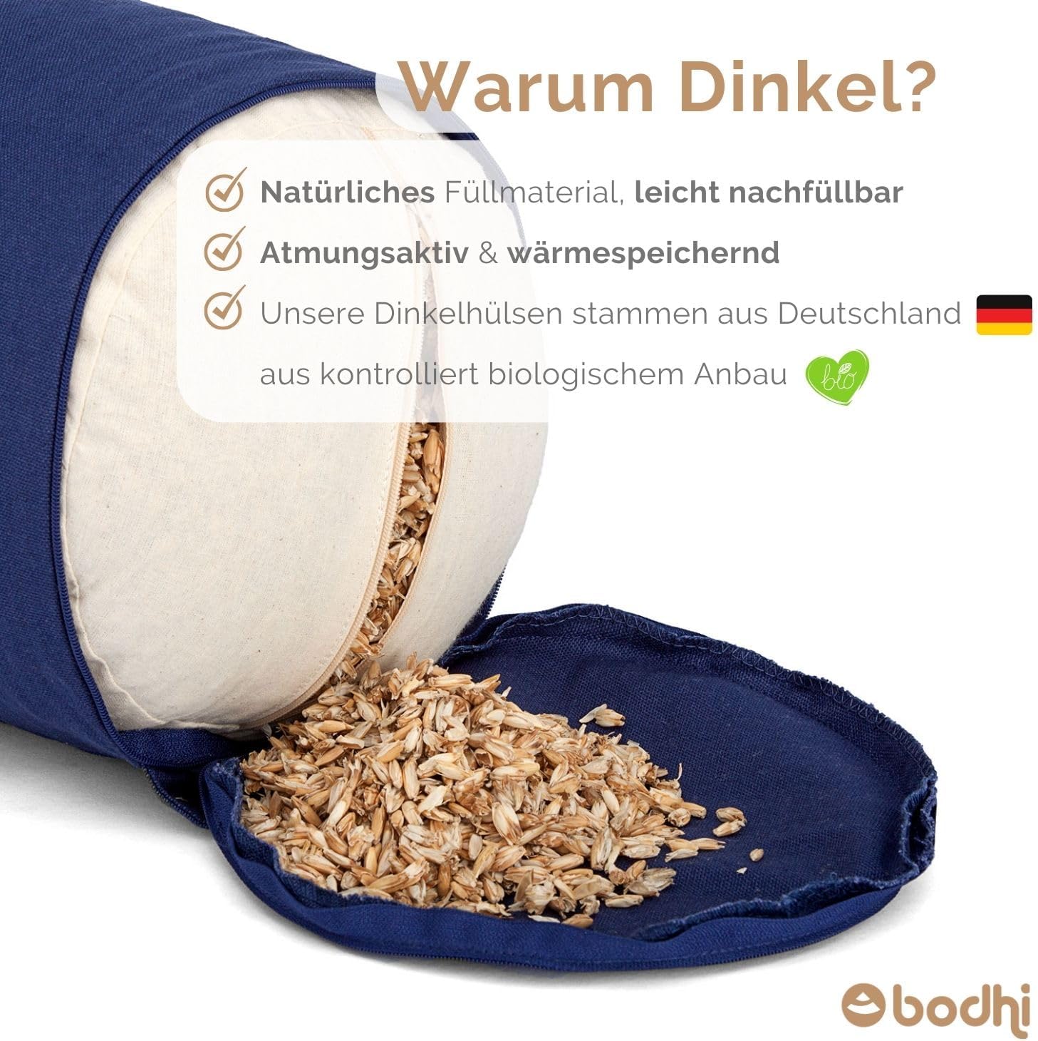 Bodhi Yoga Bolster Rolle Durchmesser 22 cm | Yogarolle mit Bio-Dinkelfüllung | Yogakissen für restauratives und Yin-Yoga | Waschbarer Bezug aus Baumwolle | Pilateskissen mit Tragegurt – Bild 6