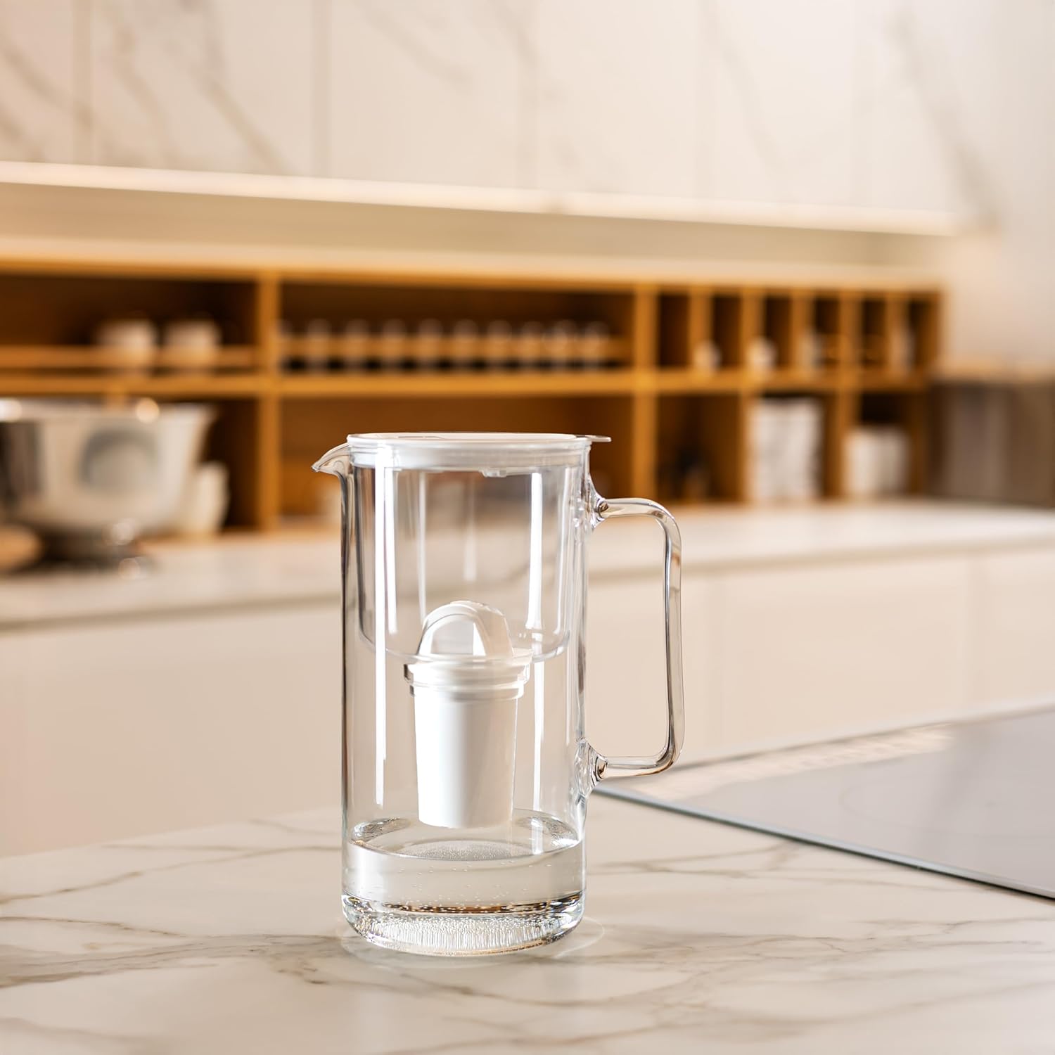 Wessper Glas-Wasserfilterkanne mit Wasserfilterkartuschen für Trinkwasser 2 L, Glaskanne mit intelligentem Filterzähler, Set inklusive 1 x Filter mit Aktivkohle weiß – Bild 7