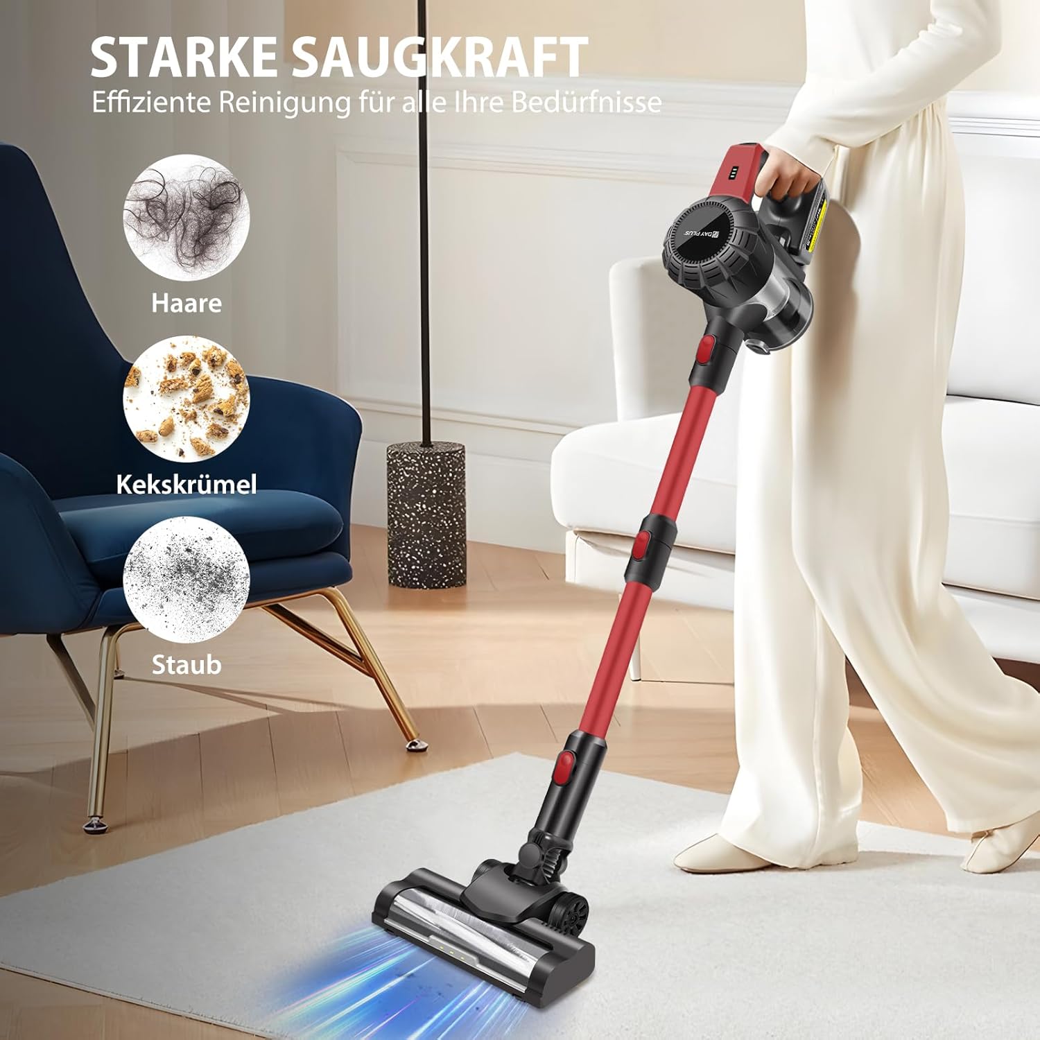 Akku-Staubsauger 45000 Pa/500 W/40 Min, Handstaubsauger, kabelloser selbststehender Tierhaarentferner mit Anti-Tangle-Bürste, leicht, Wandladestation, extrem leise für Tierhaare, Teppich, Hartböden, Auto – Bild 3