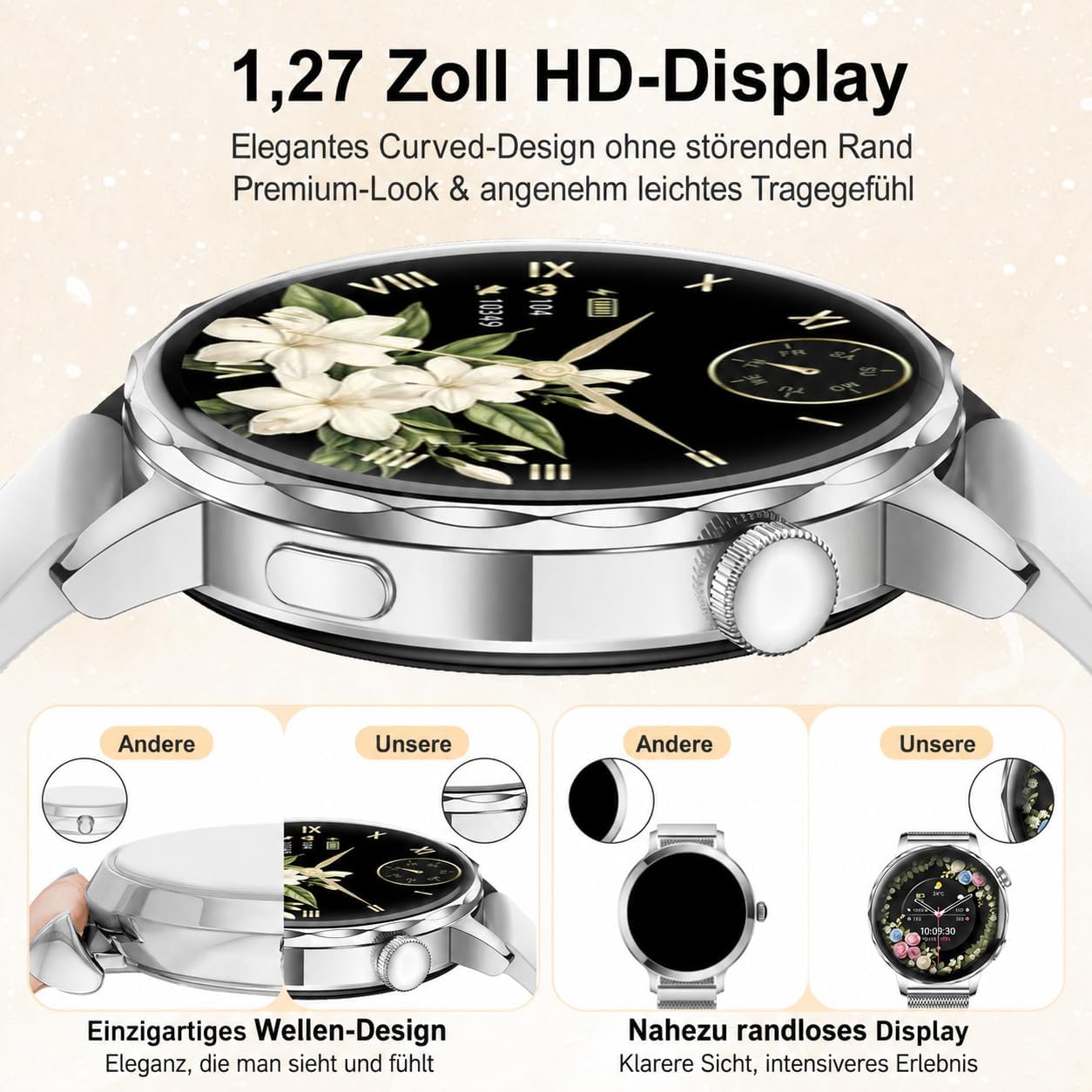 Runde Smartwatch für Damen mit Telefonfunktion, 1,27 Zoll HD-Smartwatches mit SpO2, 24-Stunden-Herzfrequenzüberwachung, Blutdruck-Schlafüberwachung, Fitness-Tracker 120+ Sportmodi, Schrittzähler für iOS Android, IP68 wasserdicht, Silber – Bild 2
