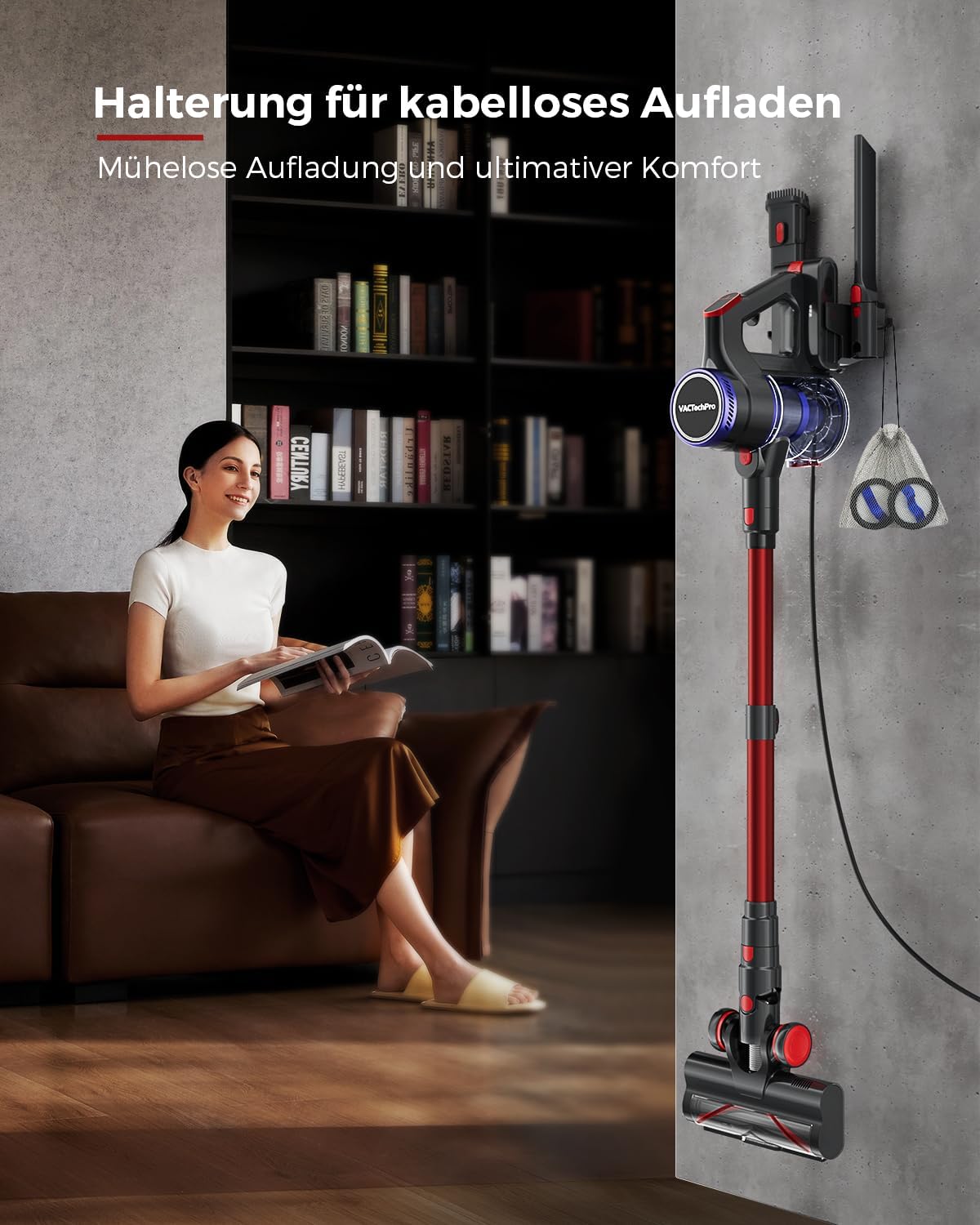 VACTechPro 55KPa/600W Akku Staubsauger Kabellos, 70Min Laufzeit, Akkustaubsauger mit 1,6-Liter-Staubbehälter, 8-Schicht-Filterung, Super Leise, Anti-Tangle Bodenbürste für Hartböden, Violett und Rot – Bild 7