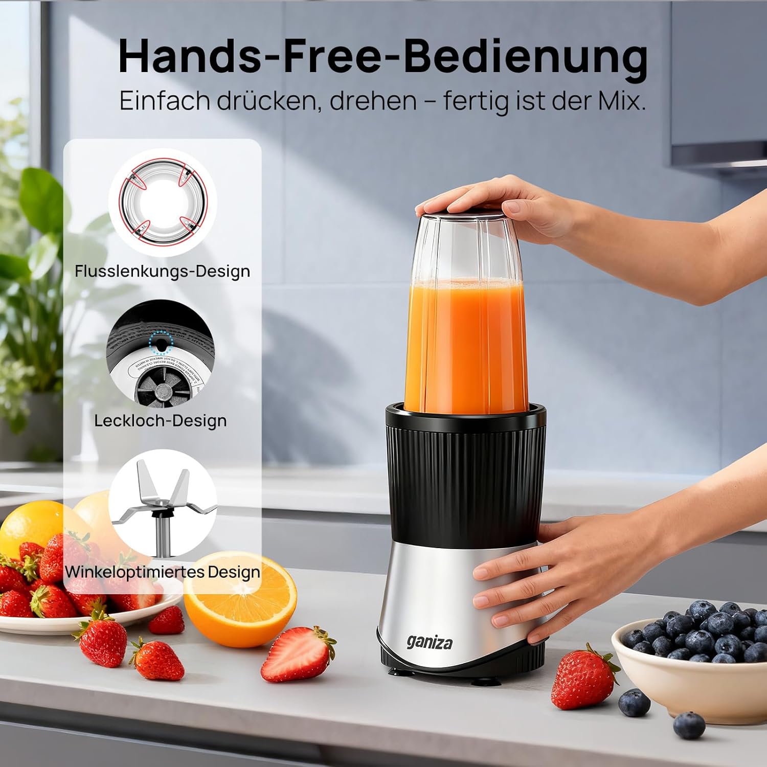 Ganiza Smoothie Maker, 900 W Mini-Standmixer, Mixer mit 25.000 U/min, 3 Tritan-To-Go-Becher (300 ml, 500 ml und 700 ml), 4 asymmetrische Klingen, für jede Art von Shake und Smoothie, Silber/Schwarz – Bild 4