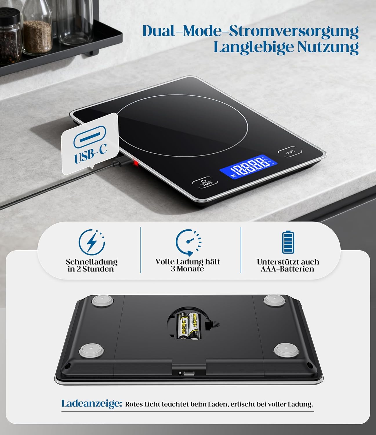 Digitale Küchenwaage mit 15 kg Tragkraft, 5 Einheiten in g/ml/fl'oz, Präzise Küchenwaage mit großem Display, Dual Power (USB-C/Batterie), 1 g hohe Präzision, Tara-Sicherheitsglas zum Backen, Kochen – Bild 3