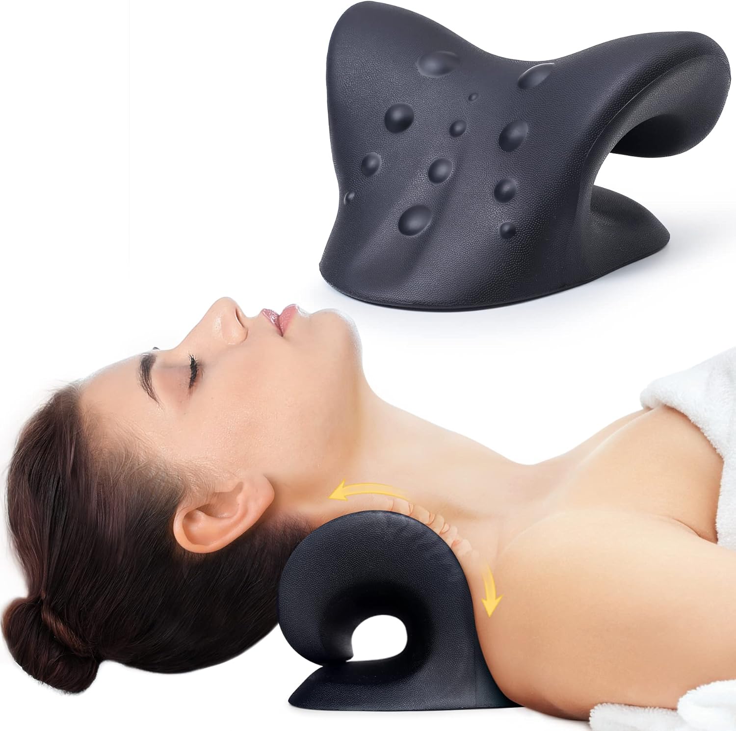 Nackenstrecker zur Linderung von Nackenschmerzen, Nacken- und Schulterentspannung, Traktionsgerät für die Halswirbelsäule mit Massagepunkt zur Muskelentspannung und Kiefergelenksschmerzlinderung, Ausrichtung der Halswirbelsäule, Chiropraktikkissen (schwarz)