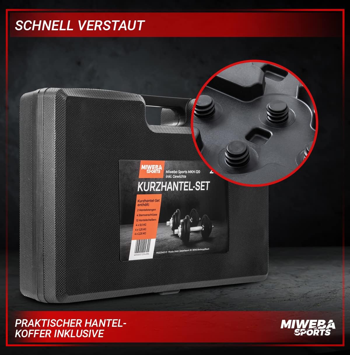 Miweba Sports MKH120 Hantelset | 20 kg – Profi-Hanteln mit Koffer – Damen und Herren – Hantel-Set – Hantelkoffer – Hanteln – Hantelscheiben aus Gusseisen – ergonomischer Griff – Einzelhanteln – Bild 5