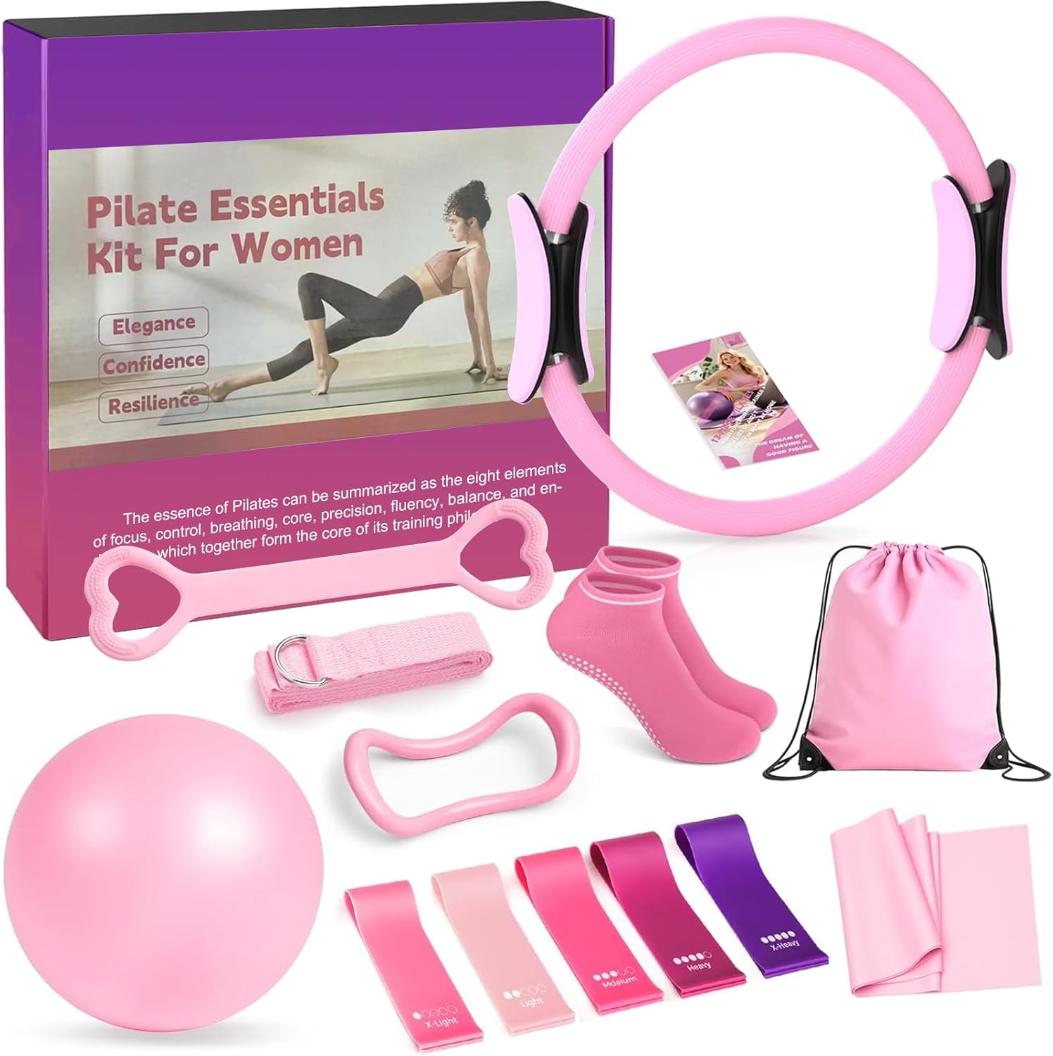 Pilates-Ring-Set, Pilates Essential Kit für Zuhause, 13-teiliges Pilates-Zubehör-Set mit Magic Circle mit Pilates-Ball, Yoga-Ring, 5 Widerstandsbändern, Trainingsanleitung und Tasche