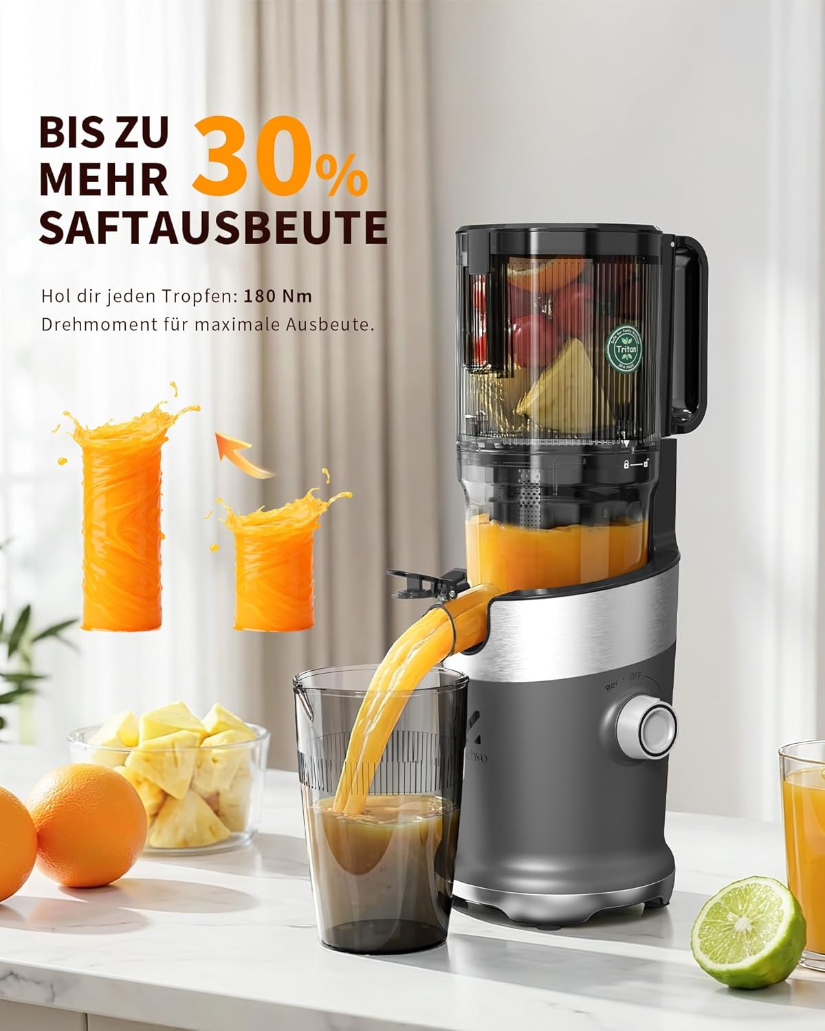 Entsafter, Slow Juicer mit 130 mm breitem Einfüllrohr für ganzes Gemüse und Obst, Testsieger, Tritan BPA-frei, 220 W elektrischer Entsafter, leicht zu reinigender Entsafter, inklusive Saftrezepten – Bild 8