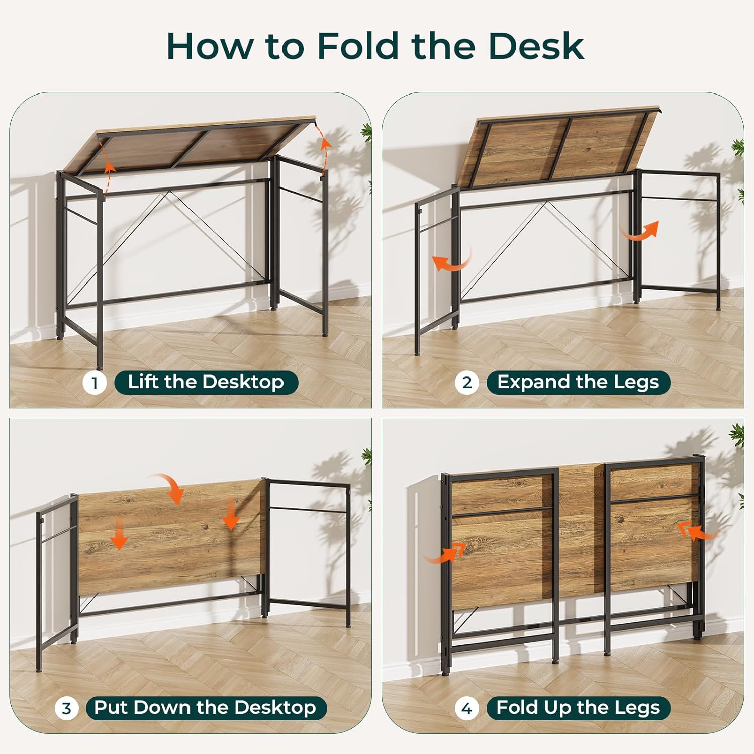 Dripex XXL Klappschreibtisch, 110 x 50 cm, klappbarer Computertisch mit Stahlrahmen, platzsparender PC-Tisch, wasserdichte Tischplatte für Zuhause, Büro, Arbeitszimmer (Eiche) – Bild 7