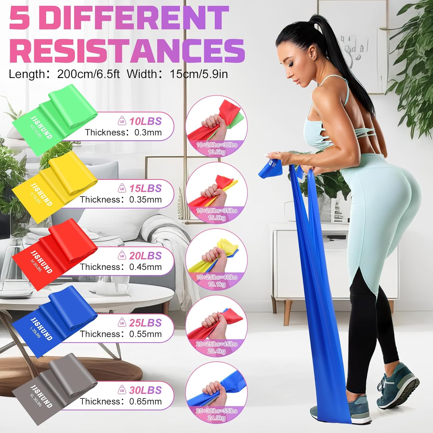 Fitnessbänder 5er Set, Gymnastikband Widerstandsbänder in 5 Stärken Fitnessband Widerstandsbänder mit Übungsanleitung für Pilates Yoga Krafttraining für Männer und Frauen – Bild 2