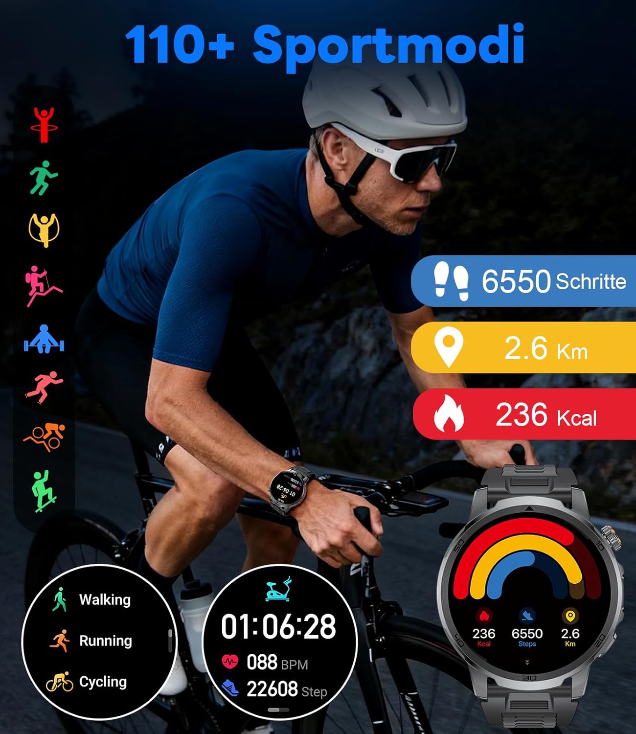 FEELNEVER Militär-Smartwatch für Herren mit 1000 mAh/1,85 Zoll HD großem Touchscreen/LED-Licht, Fitnessuhr mit 2 Armbändern, 110+ Sportmodi, Herz-/Schlaf-Tracking, IP68 wasserdicht, Uhr für iOS/Android, Schwarz – Bild 5