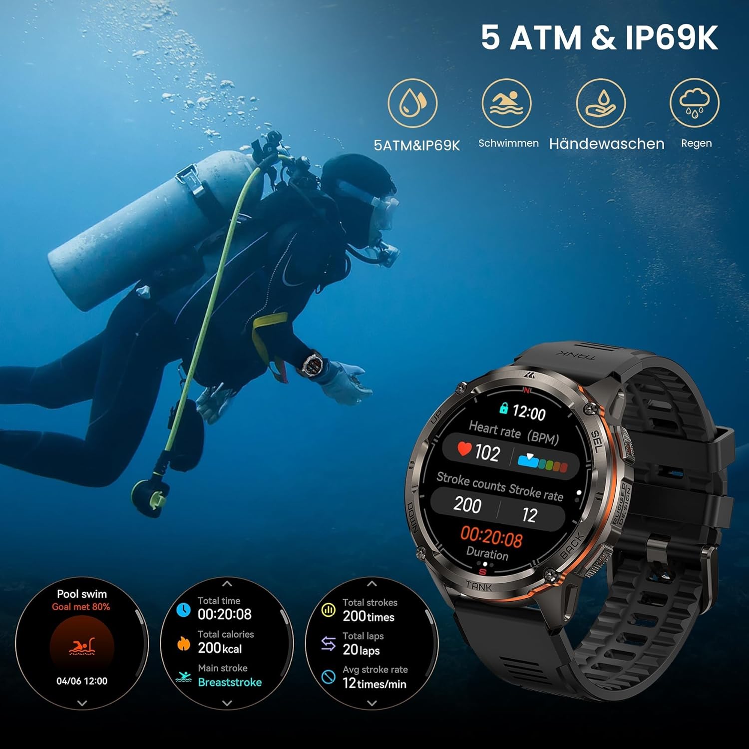 KOSPET Tank 3 Ultra 2 Smartwatch Herren mit GPS,60+ Tage Akku, 1.43" AMOLED, 5ATM Wasserdicht,Bluetooth-Anrufe, KI-Sprachassistent,24/7 Herzfrequenz, SpO2, Schrittzähler(Schwarz) – Bild 6