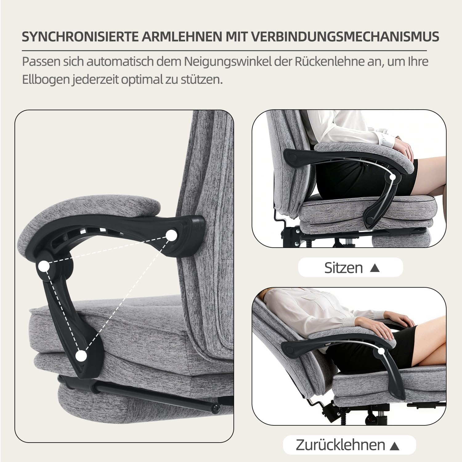 MZLEE Ergonomischer Bürostuhl, Schreibtischstuhl mit Fußstütze, 90-135° neigbarer Drehstuhl, Höhenverstellung und Mittagspausenfunktion, Chefsessel für Büro und Zuhause, 150 kg Tragkraft – Bild 7