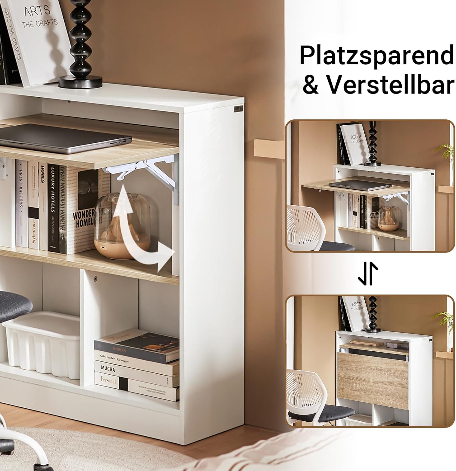 SoBuy FWT104-WN Schreibtisch mit klappbarer Arbeitsfläche, kompakter Computer- und Arbeitstisch, platzsparender Tisch für Heimbüro und Büro, Weiß und Natur, 70 x 57 x 85 cm – Bild 4