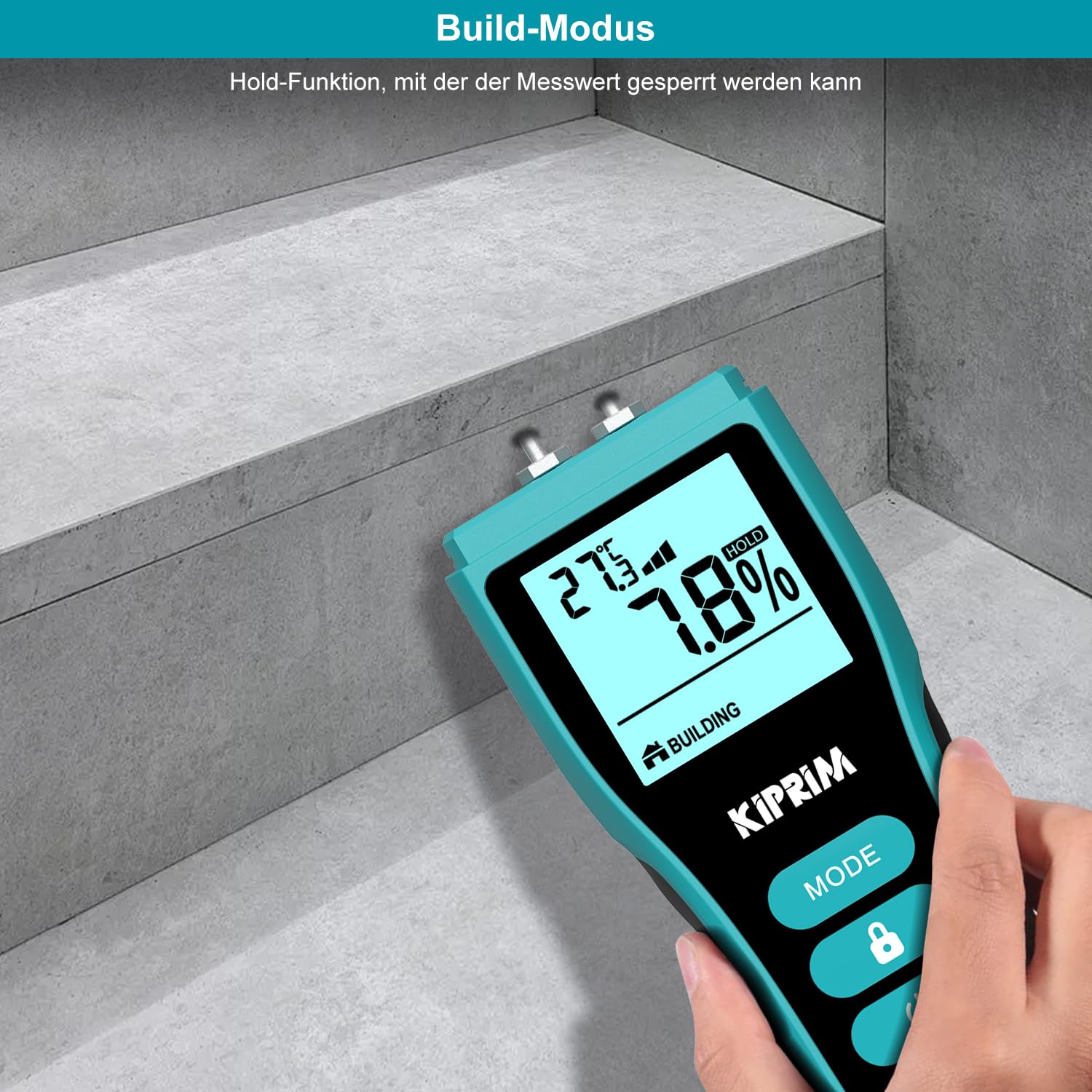 Kiprim Feuchtigkeitsmessgerät mit Stiften für Holz, Wand, Beton, Karton – Digitales Holzfeuchtemessgerät mit LCD, Temperaturanzeige (°C/°F), Haltefunktion, 4 Modi, Ersatzsonden WM02 – Bild 6