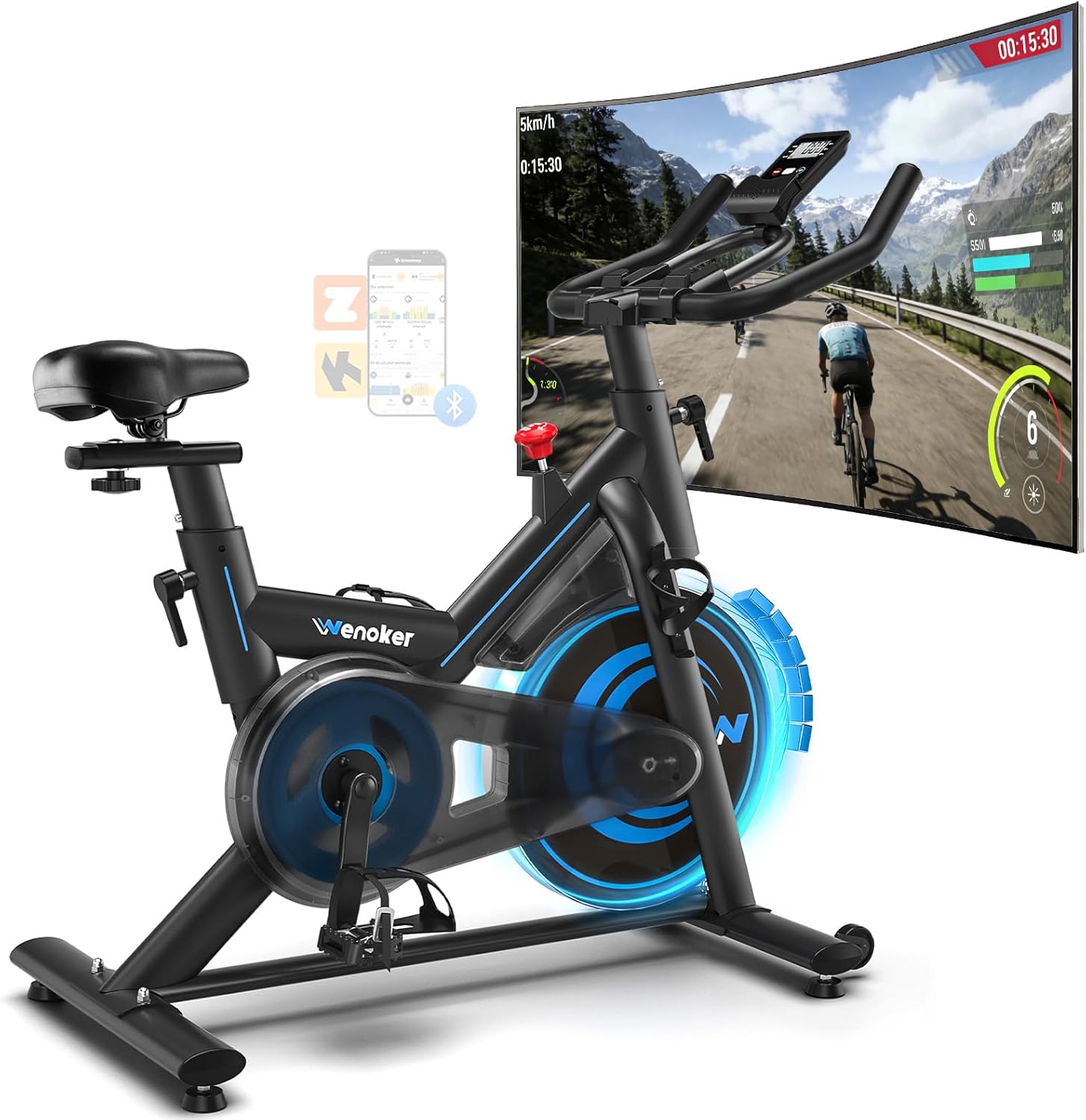 Wenoker Heimtrainer Fahrrad mit App,Leises Ergometer Hometrainer Fahrrad mit Magnetwiderstand,Spinning Bike Indoor Fitnessbikes für Kardio-Training zu Hause,Bis 160KG