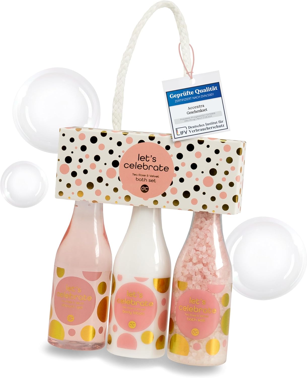 Accentra - Let's Celebration Damen-Geschenkset in Champagnerflasche aus Kunststoff – Bade- & Duschset mit Teerose & Samt inklusive Duschgel, Bodylotion & Badesalz – 3-teiliges Wellness-Set für Damen und Mädchen