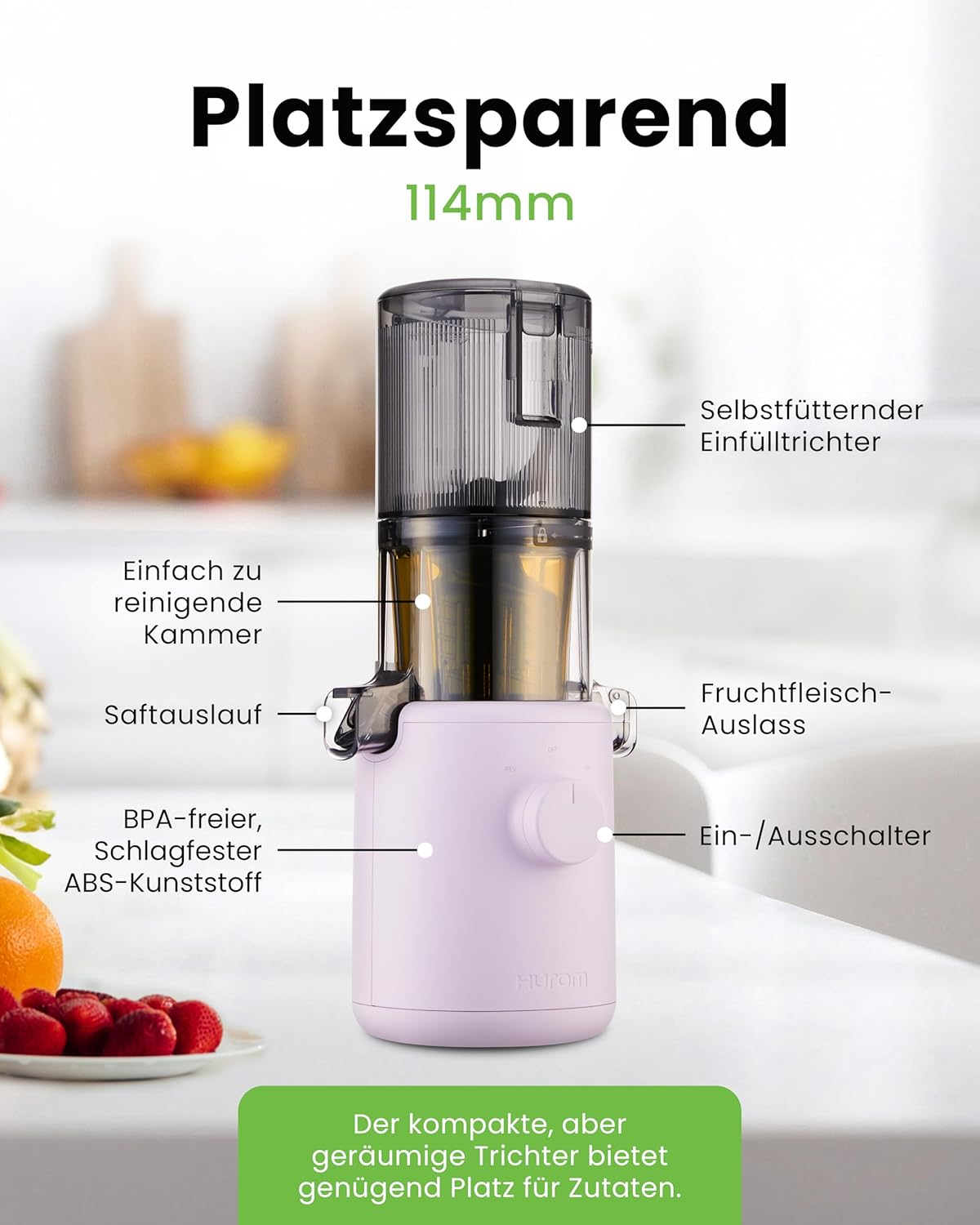 Hurom Slow Juicer H310 Entsafter für Gemüse und Obst, leicht zu reinigen und leiser Motor, elektrischer Entsafter mit Siebfilter, 100 Watt, BPA-frei, schlankes Design, 220 ml, Lavendel – Bild 7