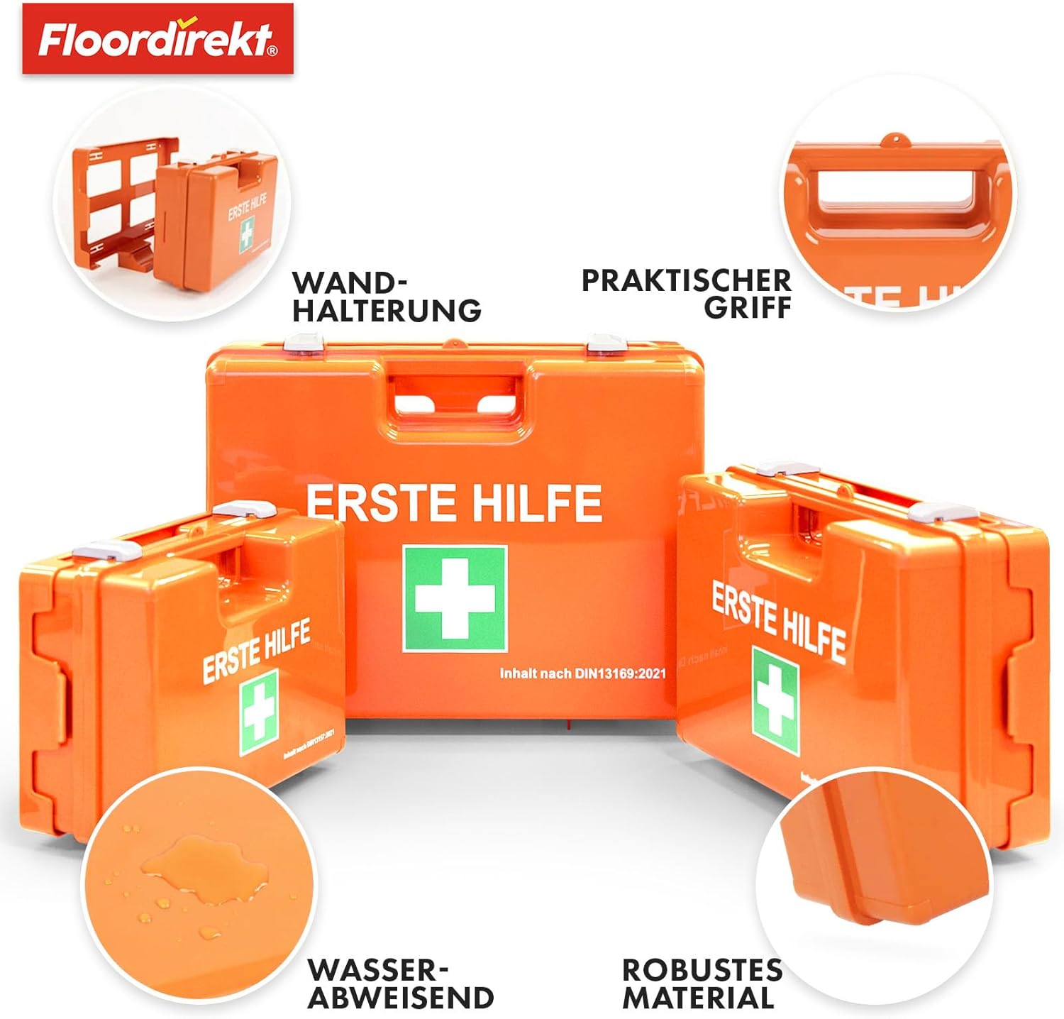 KARAT Mittelgroßer Erste-Hilfe-Kasten für Gewerbe & Haushalt DIN 13169:2021 gefüllt inkl. Wandhalterung | 1 Erste-Hilfe-Set für Büro und Gastronomie, Notfallbox für bis zu 100 Mitarbeiter (32 x 22 x 13 cm) – Bild 2