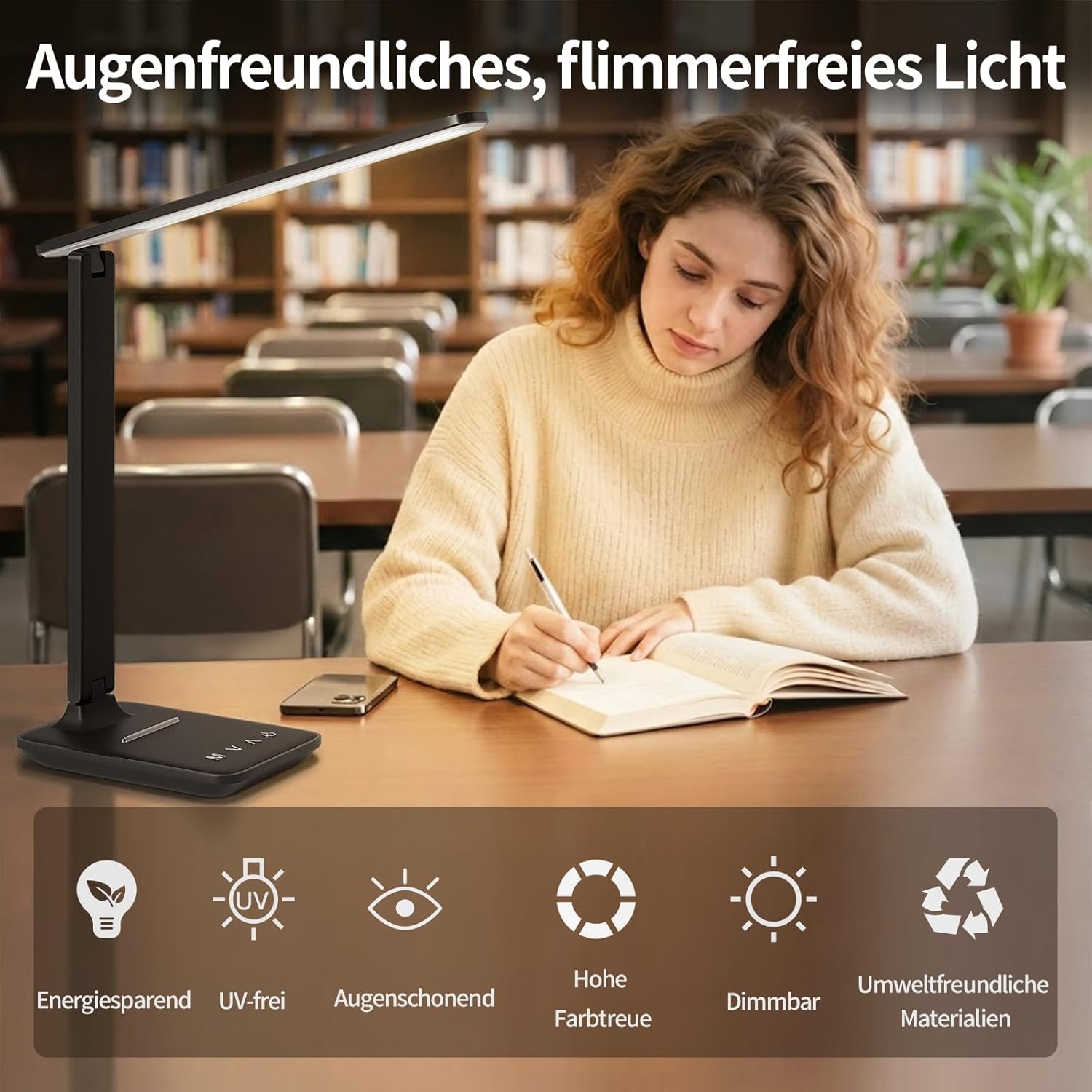 Schreibtischlampe LED dimmbar, Tischlampe mit Augenschutz & USB-Ladeanschluss, 5 Farbtemperaturen & 5 Helligkeitsstufen, Touch-Steuerung, faltbar, für Büro, Lesen und Home Office – Bild 3