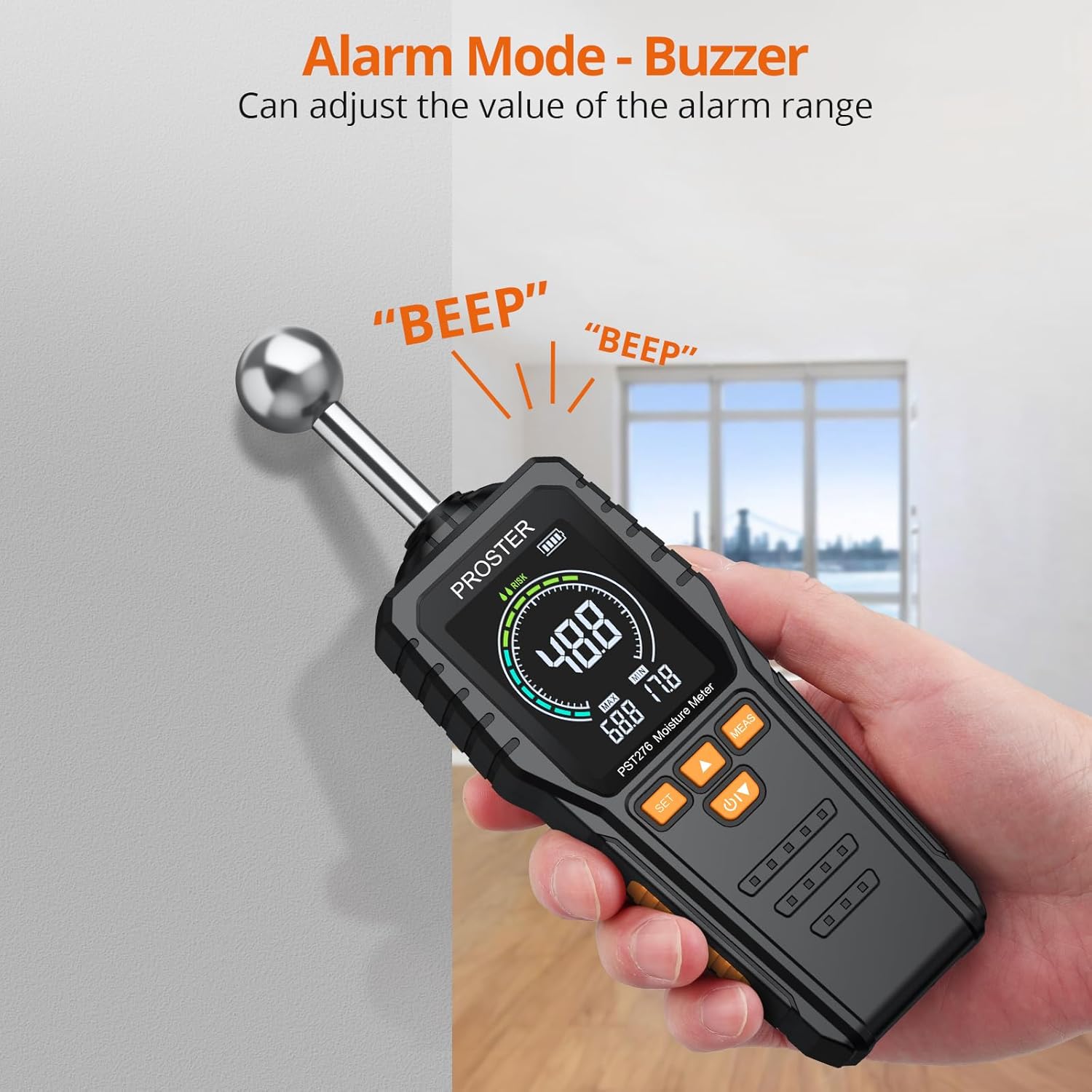 Proster Feuchtigkeitsmesser Wand Kugelform Sphärisches wiederaufladbares Feuchtigkeitsmessgerät Mauerwerk mit LCD-Bildschirm für Wände Mauerwerk 0-40 mm Analysetiefe (Schwarz Orange) – Bild 5