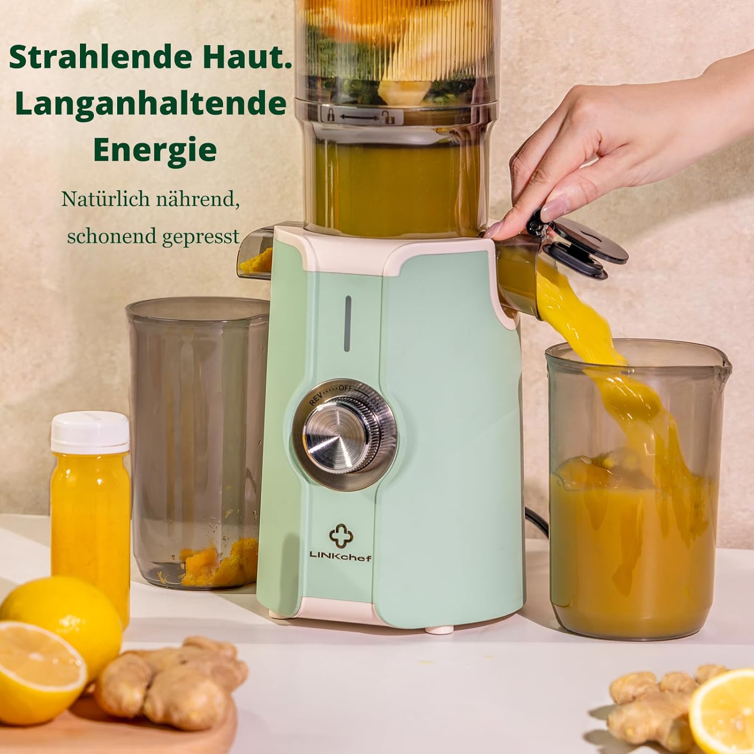 LINKChef Slow Juicer, 115 mm große Einfüllöffnung für Entsafter, Gemüse und Obst, Testsieger, Kaltentsafter 200 W, BPA-frei, leicht zu reinigen und zu montieren, hellgrün – Bild 4