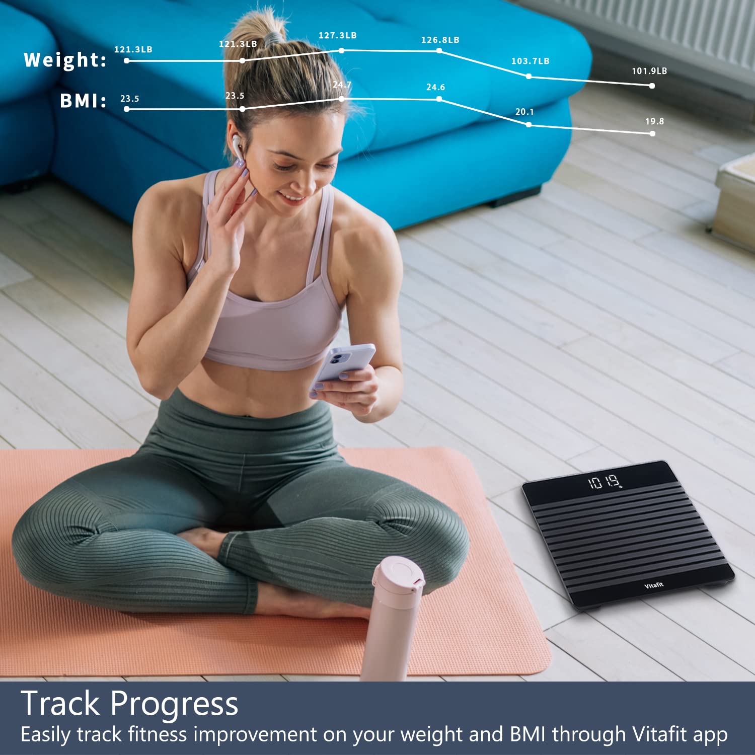 Vitafit Digitale Personenwaage mit Gewicht und BMI, Smarte Körperwaage mit App über Bluetooth, rutschfeste Plattform, Schwarz – Bild 7