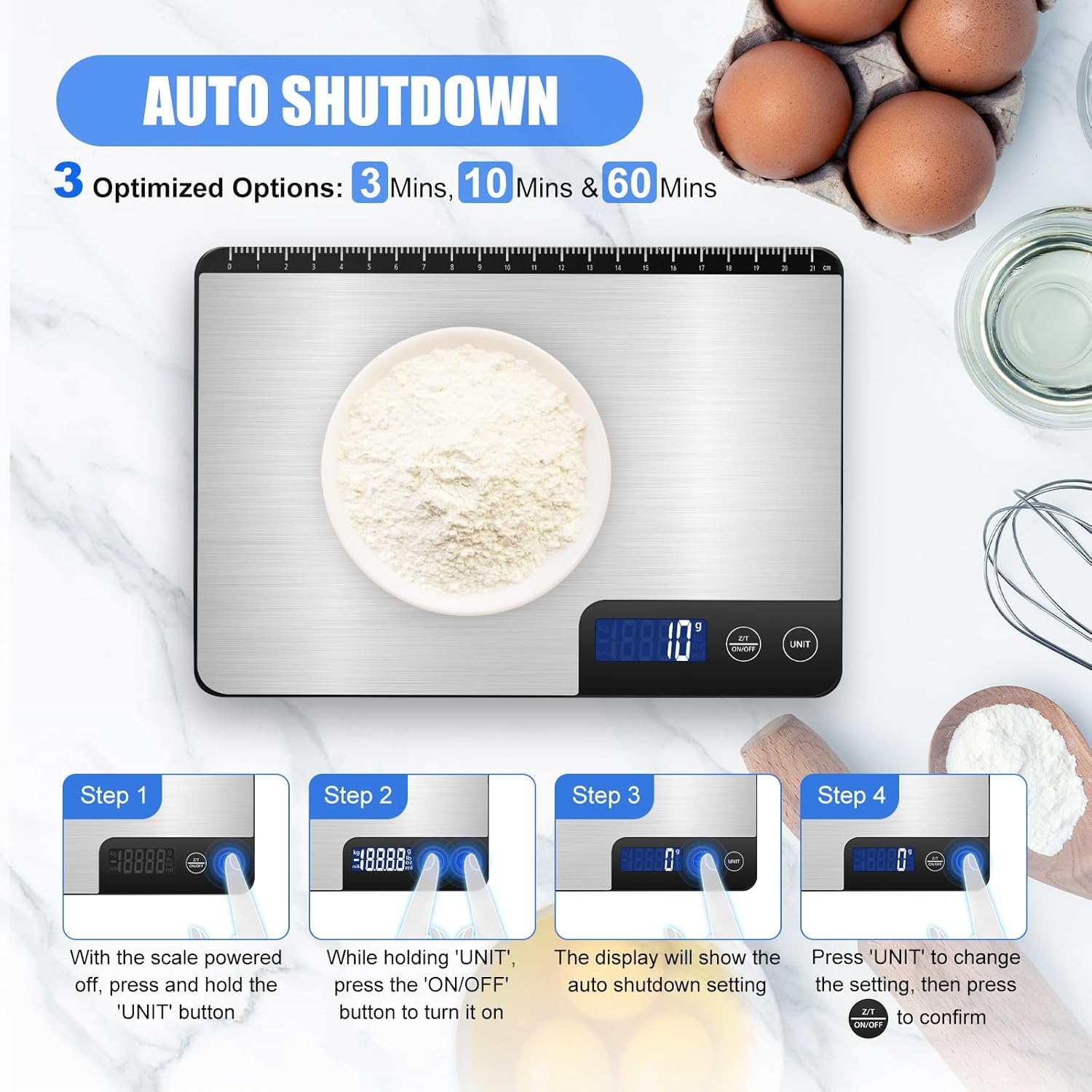 Große digitale Küchenwaage 15 kg, präzise Lebensmittelwaage mit 1 g Genauigkeit, individuelle automatische Abschaltung (3, 10 und 60 Minuten), LCD-Display, Gramm und Unzen, ideal für Zuhause, Kochen und Backen – Bild 3