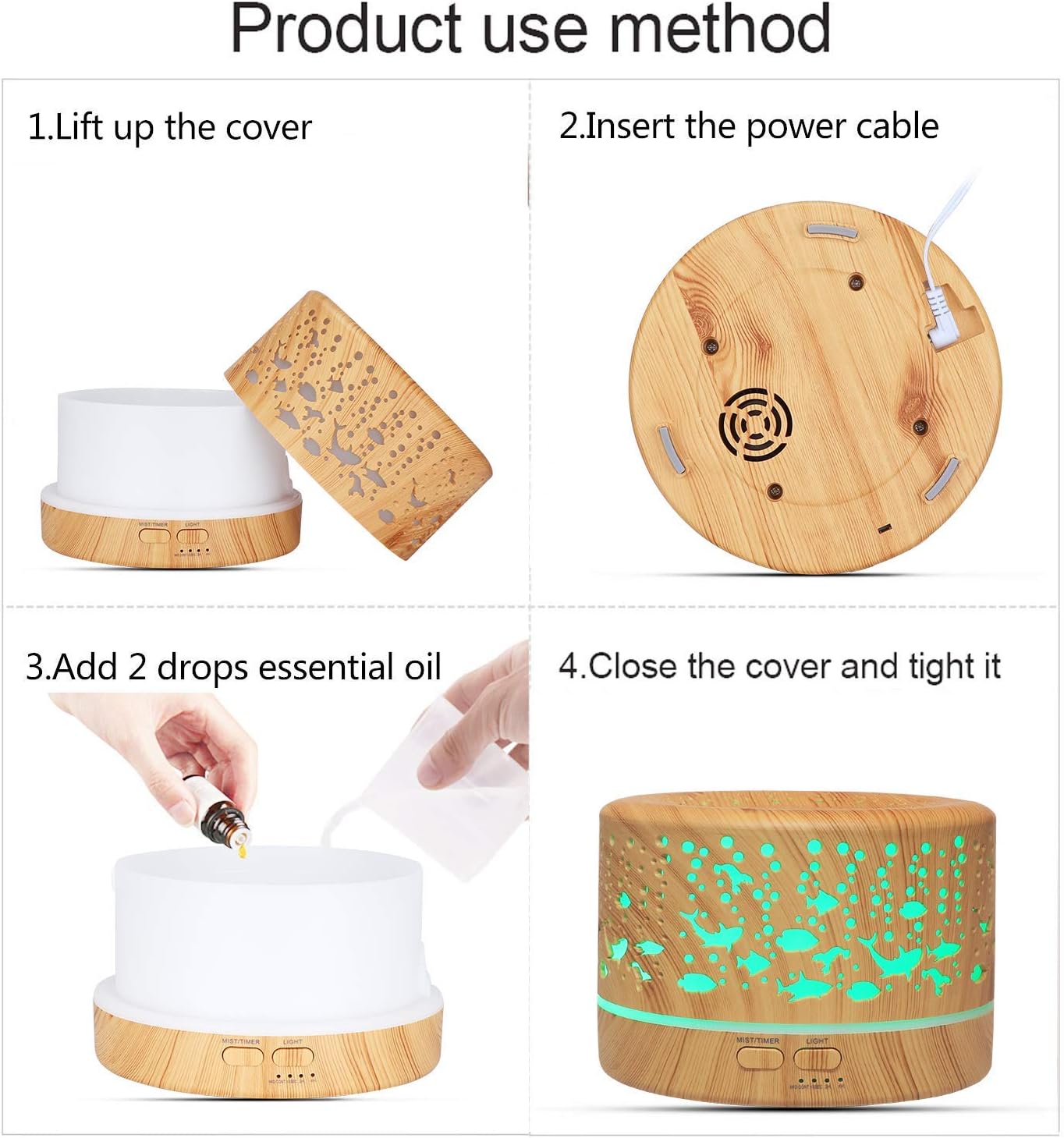Hianjoo Aroma-Diffusor 700 ml, Luftbefeuchter mit Timer, Ultraschall-Aromatherapie-Diffusor LED mit 7 Farben für Büro, Yoga, Spa, Schlafzimmer – helles Holz – Bild 6