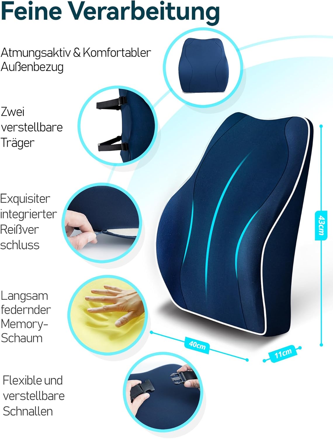 Travel Ease Ergonomisches Memory Foam Rückenkissen, Lendenkissen für Bürostuhl, Schreibtischstuhl, mit antistatischem, hautfreundlichem Bezug und für eine bequeme Sitzhaltung (Dunkelblau) – Bild 5