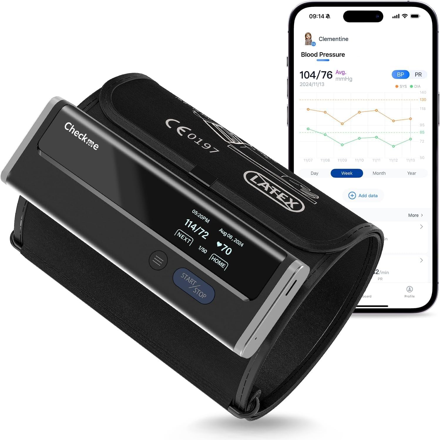 CheckMe Oberarm-Blutdruckmessgerät – Präzises digitales Blutdruckmessgerät mit App-Synchronisierung, Mehrbenutzermodus, Trendanzeige und Berichtsfreigabe, für iOS/Android, Manschette 22–42 cm