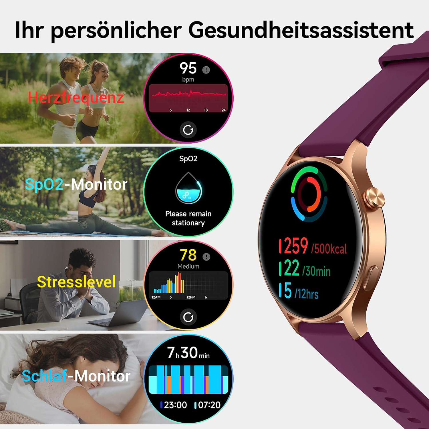 Runde Smartwatch für Damen mit Telefonfunktion, 1,32 Zoll AMOLED-Display, Fitnessuhr mit 110+ Sportmodi & 3ATM, Fitness-Tracker für iPhone/Android, Schrittzähler mit Herzfrequenzmesser, SpO2, Schlafmonitor, Lila – Bild 4